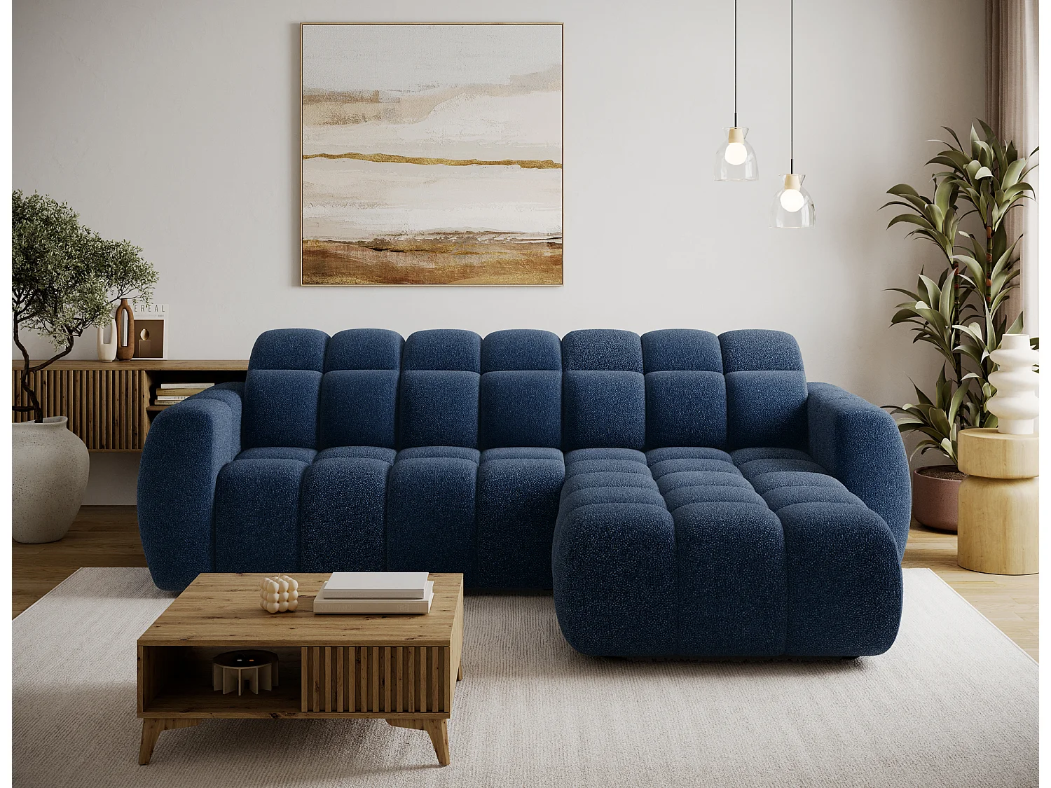 Canapé d’angle convertible 4 places tissu FENKA 288cm – Assise électrique & têtières réglables-Bleu-angle droit