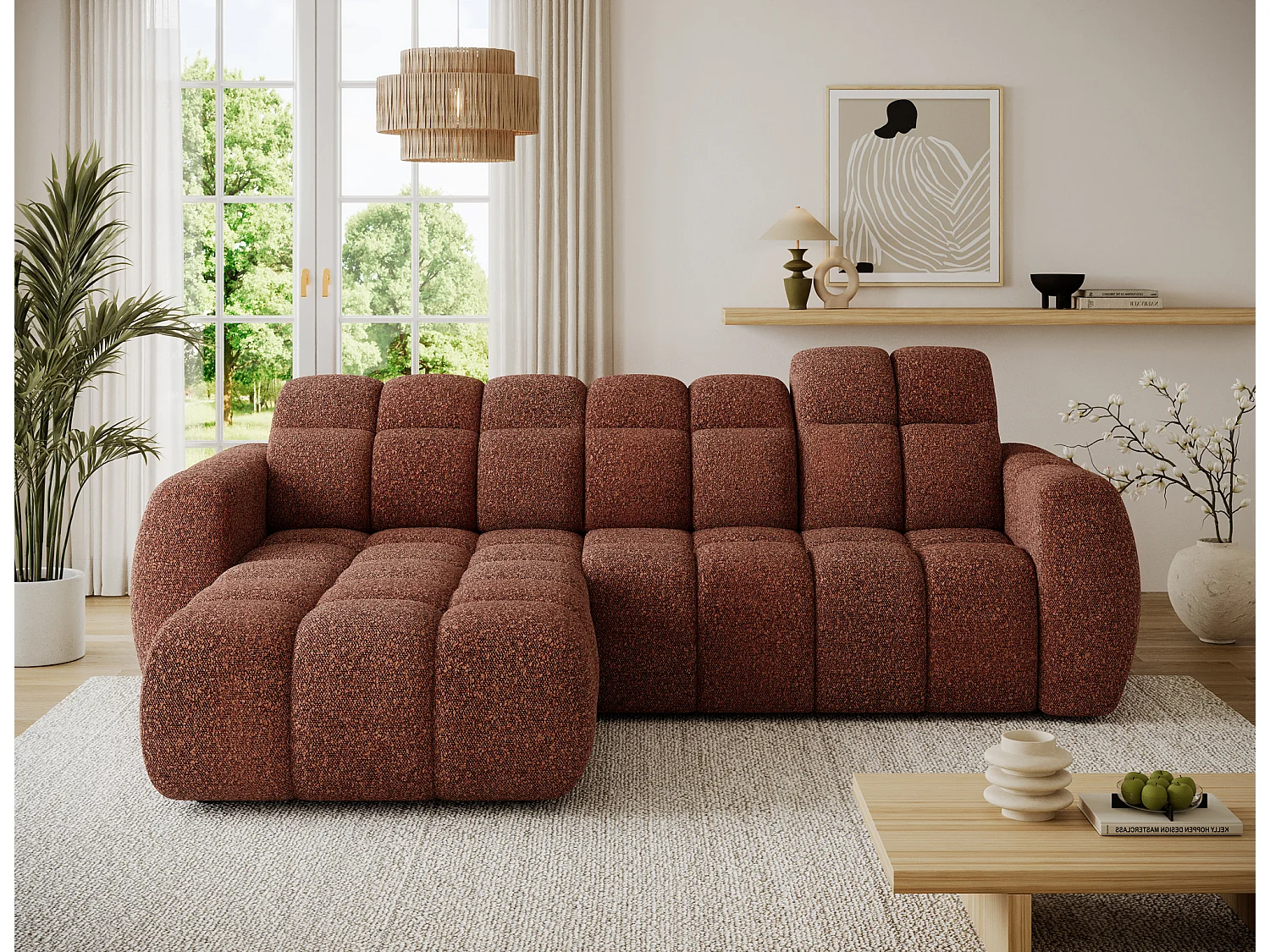 Canapé d’angle convertible 4 places tissu FENKA 288cm – Assise électrique & têtières réglables-Terracotta-angle gauche