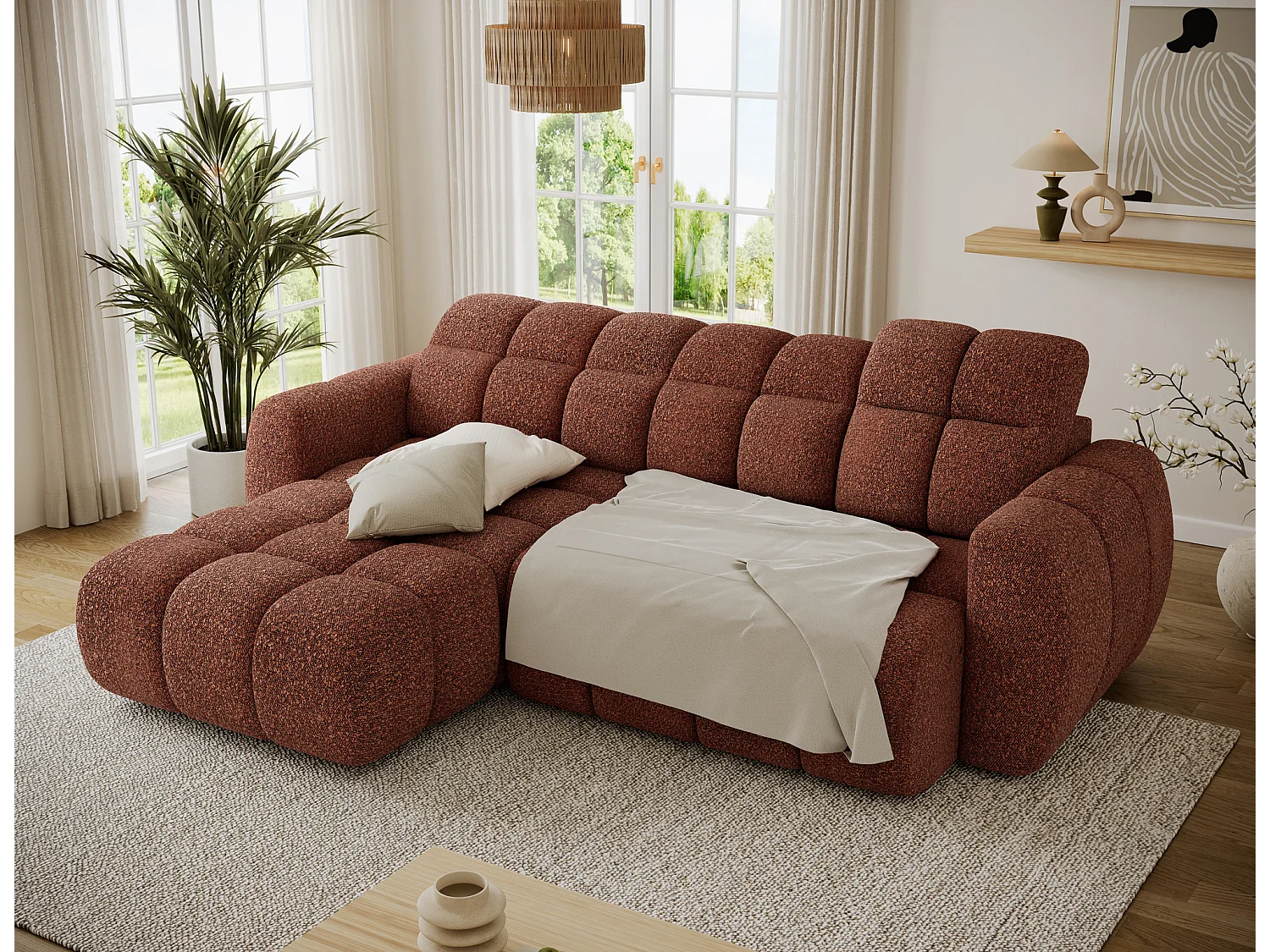 Canapé d’angle convertible 4 places tissu FENKA 288cm – Assise électrique & têtières réglables-Terracotta-angle gauche