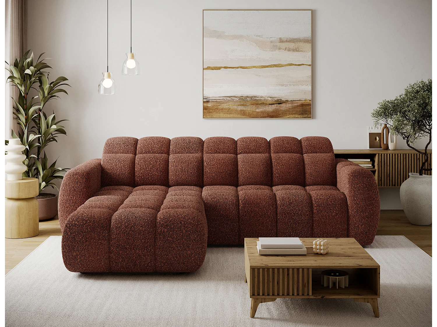 Canapé d’angle convertible 4 places tissu FENKA 288cm – Assise électrique & têtières réglables-Terracotta-angle gauche