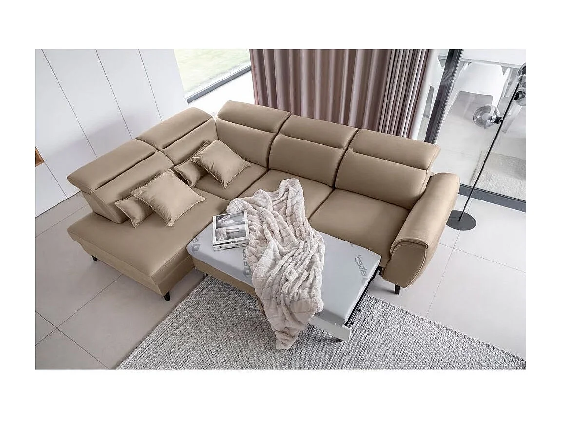 Canapé d'angle convertible avec rangement velours NOBLESSE - Pieds bois noir-Marron-angle gauche