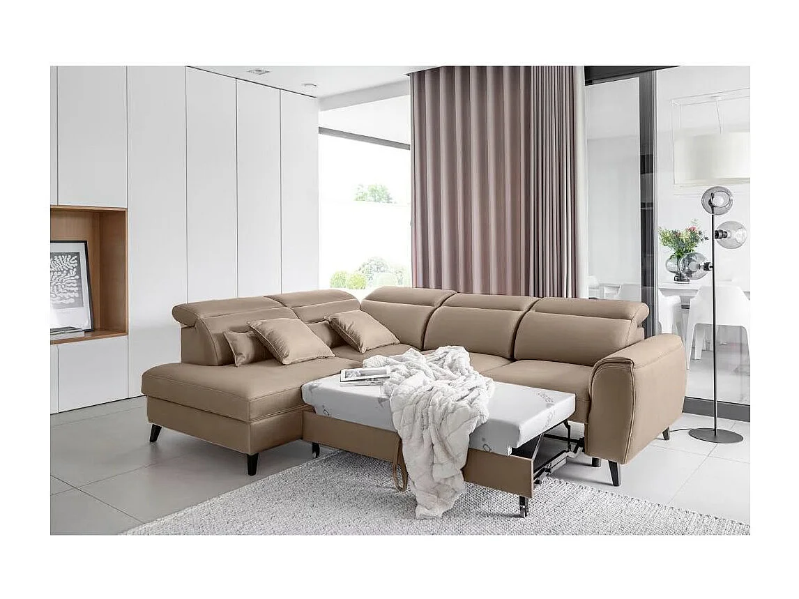 Canapé d'angle convertible avec rangement velours NOBLESSE - Pieds bois noir-Marron-angle gauche