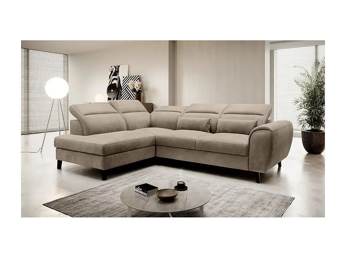 Canapé d'angle convertible avec rangement velours NOBLESSE - Pieds bois noir-Marron-angle gauche