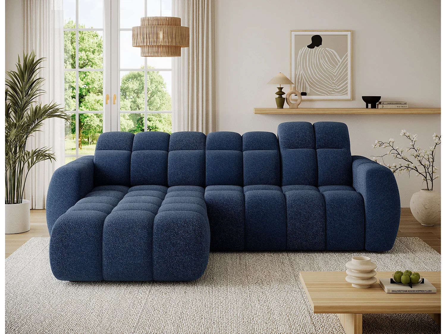 Canapé d’angle convertible 4 places tissu FENKA 288cm – Assise électrique & têtières réglables-Bleu-angle gauche