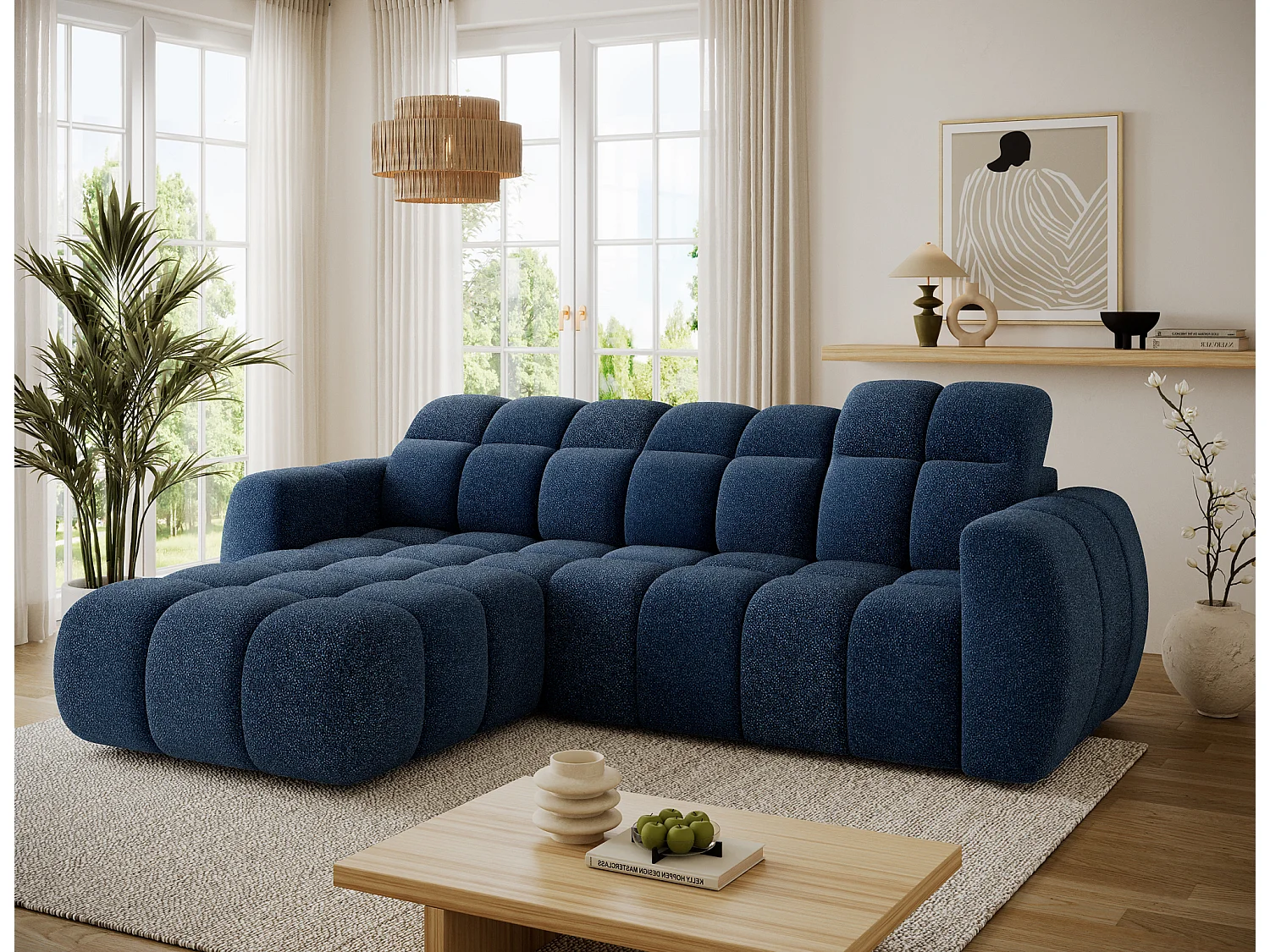 Canapé d’angle convertible 4 places tissu FENKA 288cm – Assise électrique & têtières réglables-Bleu-angle gauche