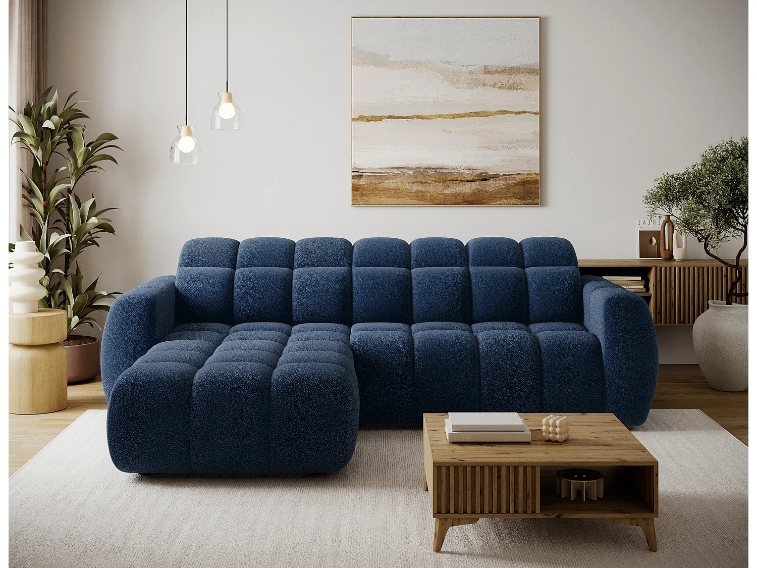 Canapé d’angle convertible 4 places tissu FENKA 288cm – Assise électrique & têtières réglables-Bleu-angle gauche