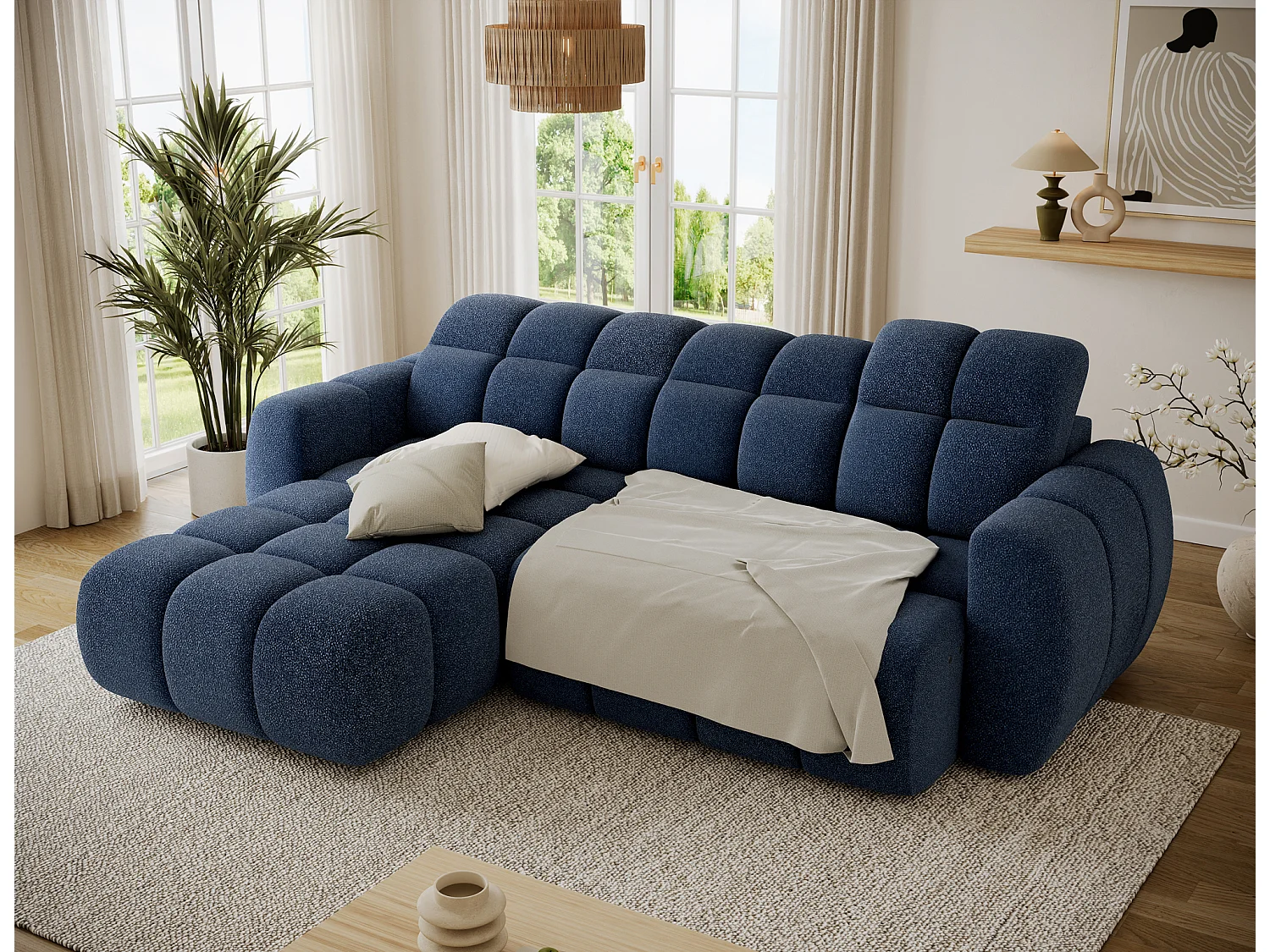 Canapé d’angle convertible 4 places tissu FENKA 288cm – Assise électrique & têtières réglables-Bleu-angle gauche