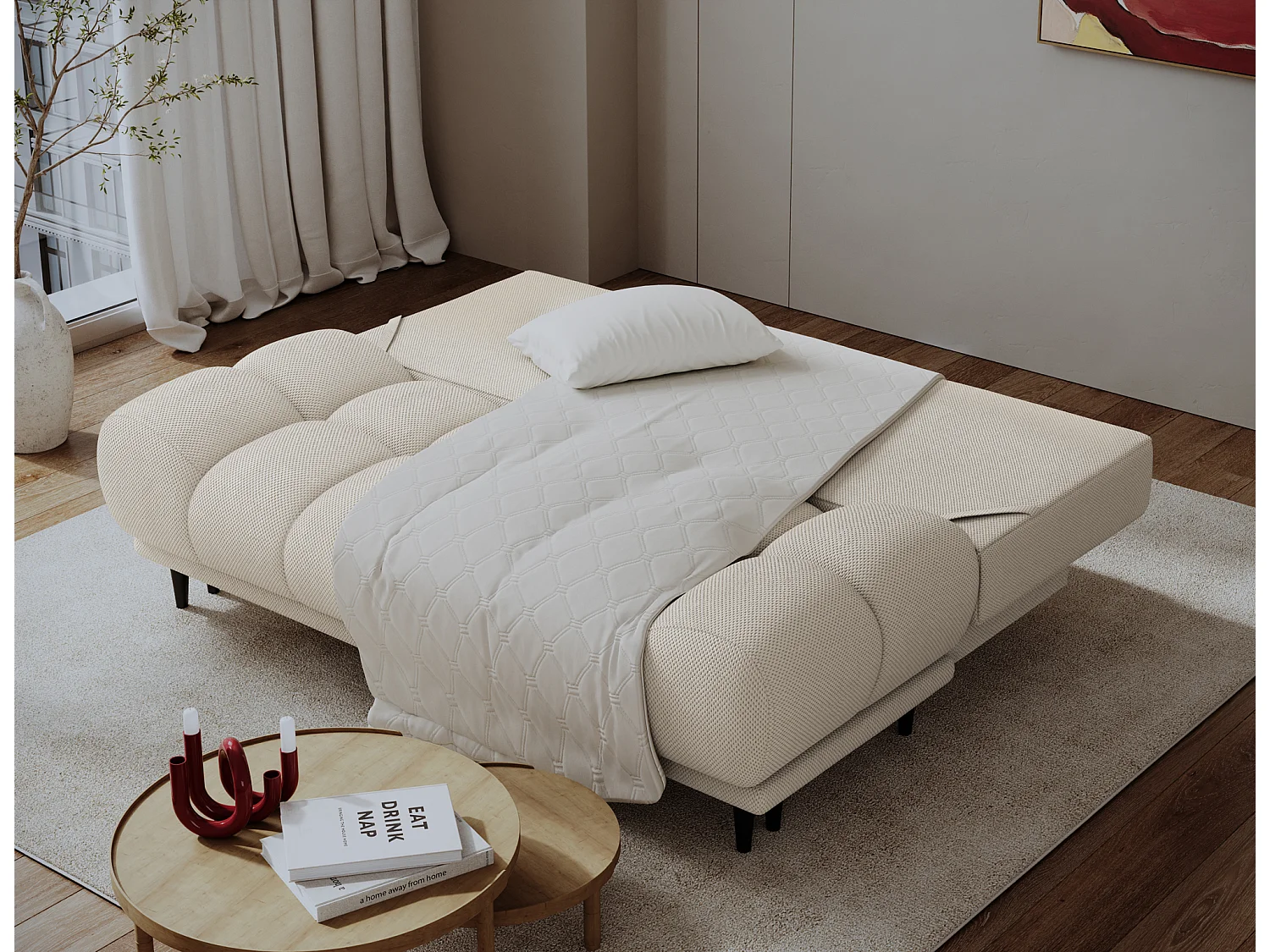 Canapé convertible 2 places NIVIO avec coffre et pieds en bois noir – 210cm-Beige