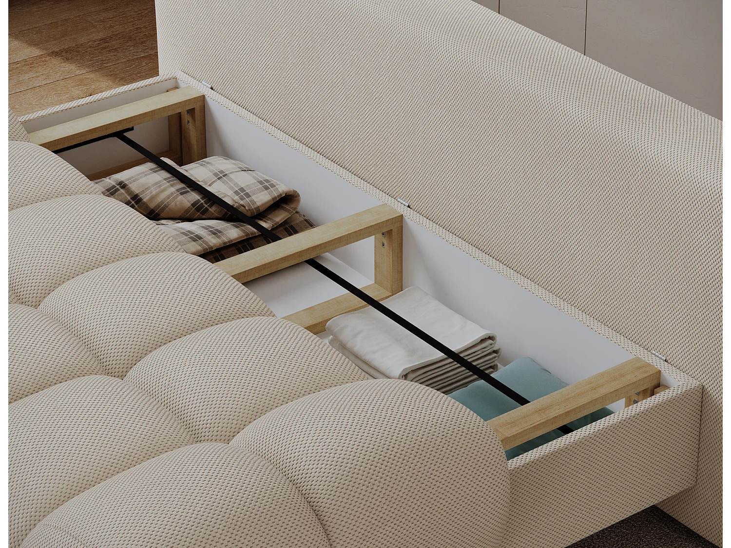 Canapé convertible 2 places NIVIO avec coffre et pieds en bois noir – 210cm-Beige