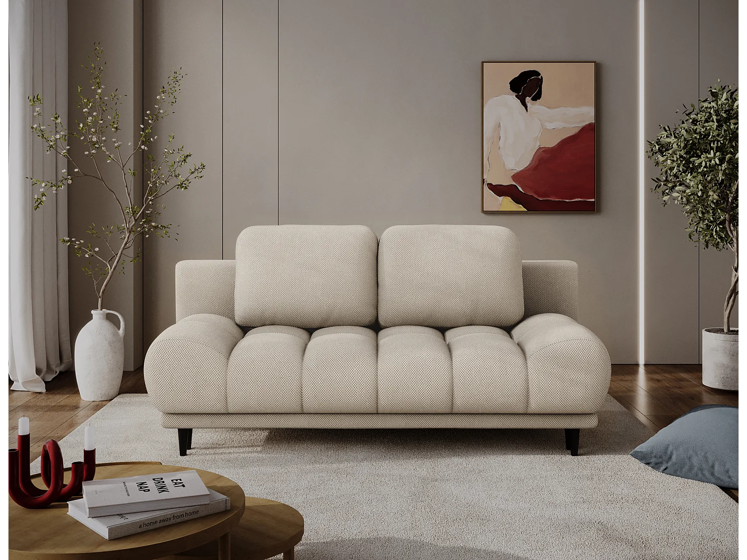 Canapé convertible 2 places NIVIO avec coffre et pieds en bois noir – 210cm-Beige