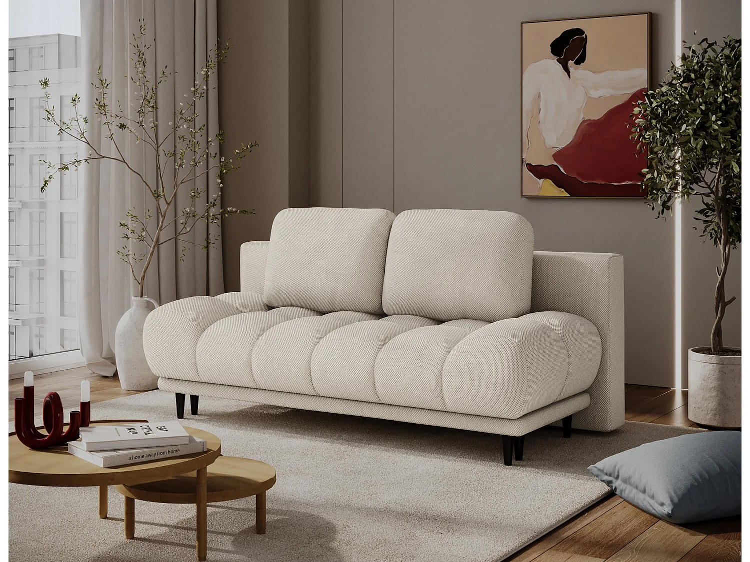 Canapé convertible 2 places NIVIO avec coffre et pieds en bois noir – 210cm-Beige