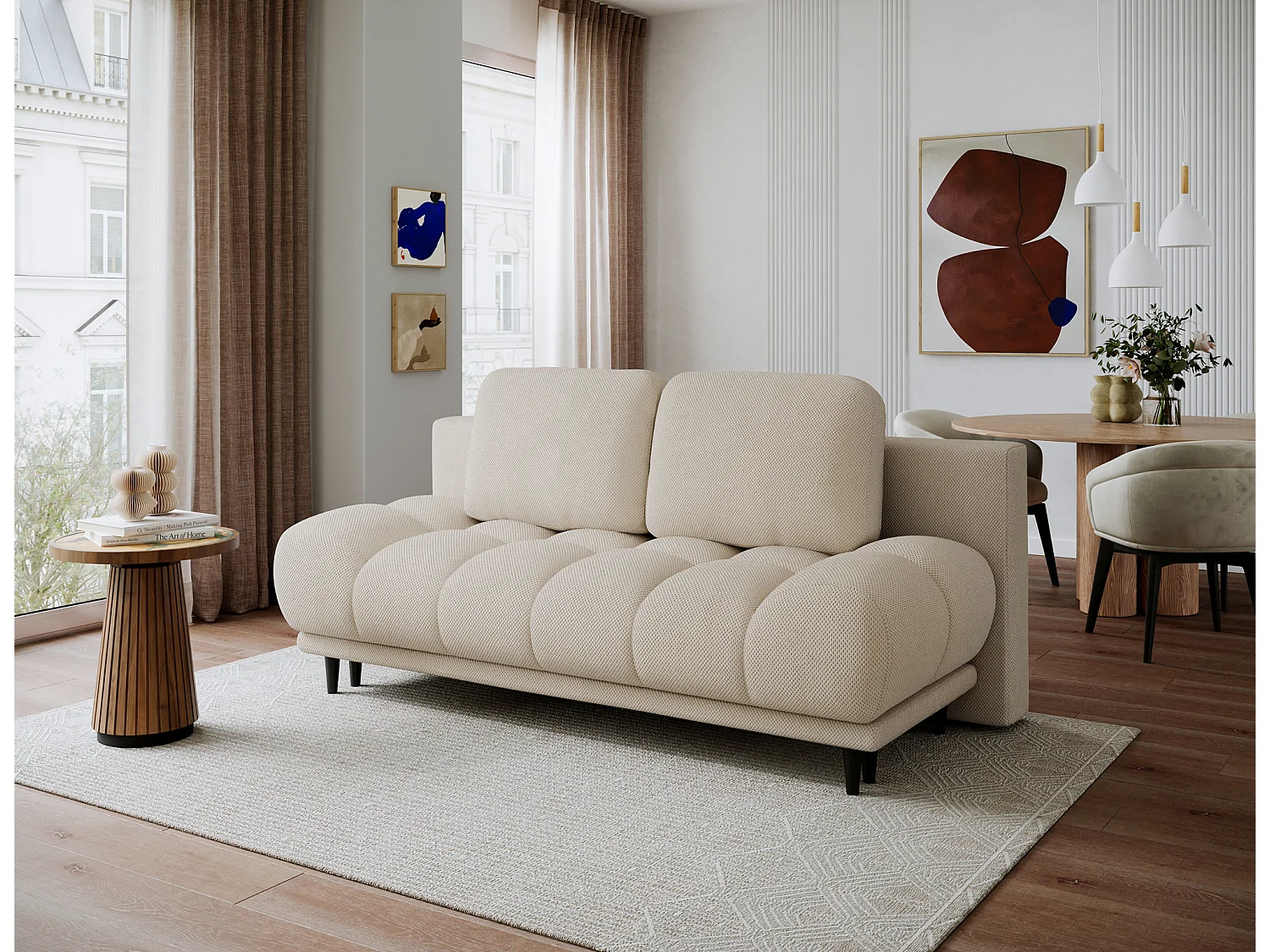 Canapé convertible 2 places NIVIO avec coffre et pieds en bois noir – 210cm-Beige