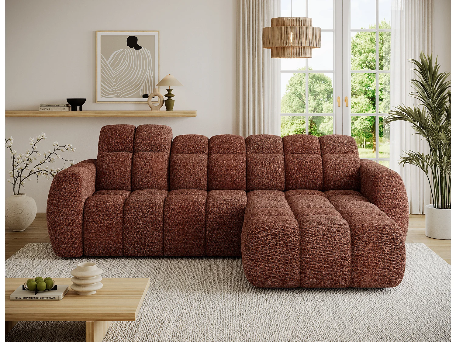 Canapé d’angle convertible 4 places tissu FENKA 288cm – Assise électrique & têtières réglables-Terracotta-angle droit