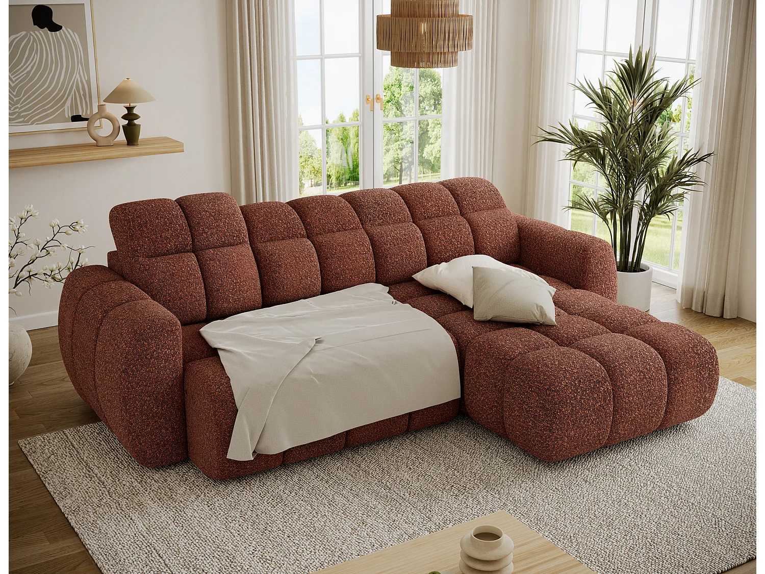 Canapé d’angle convertible 4 places tissu FENKA 288cm – Assise électrique & têtières réglables-Terracotta-angle droit