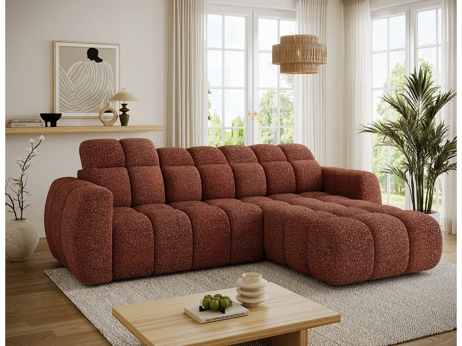 Canapé d’angle convertible 4 places tissu FENKA 288cm – Assise électrique & têtières réglables-Terracotta-angle droit