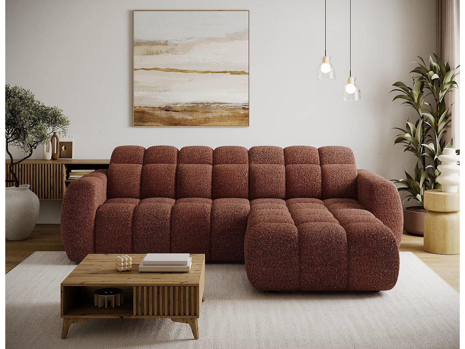 Canapé d’angle convertible 4 places tissu FENKA 288cm – Assise électrique & têtières réglables-Terracotta-angle droit