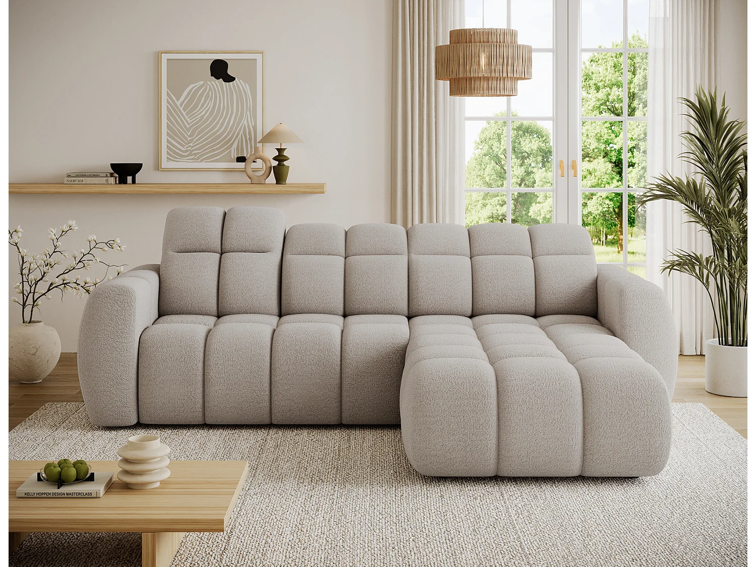 Canapé d’angle convertible 4 places tissu FENKA 288cm – Assise électrique & têtières réglables-Beige-angle droit