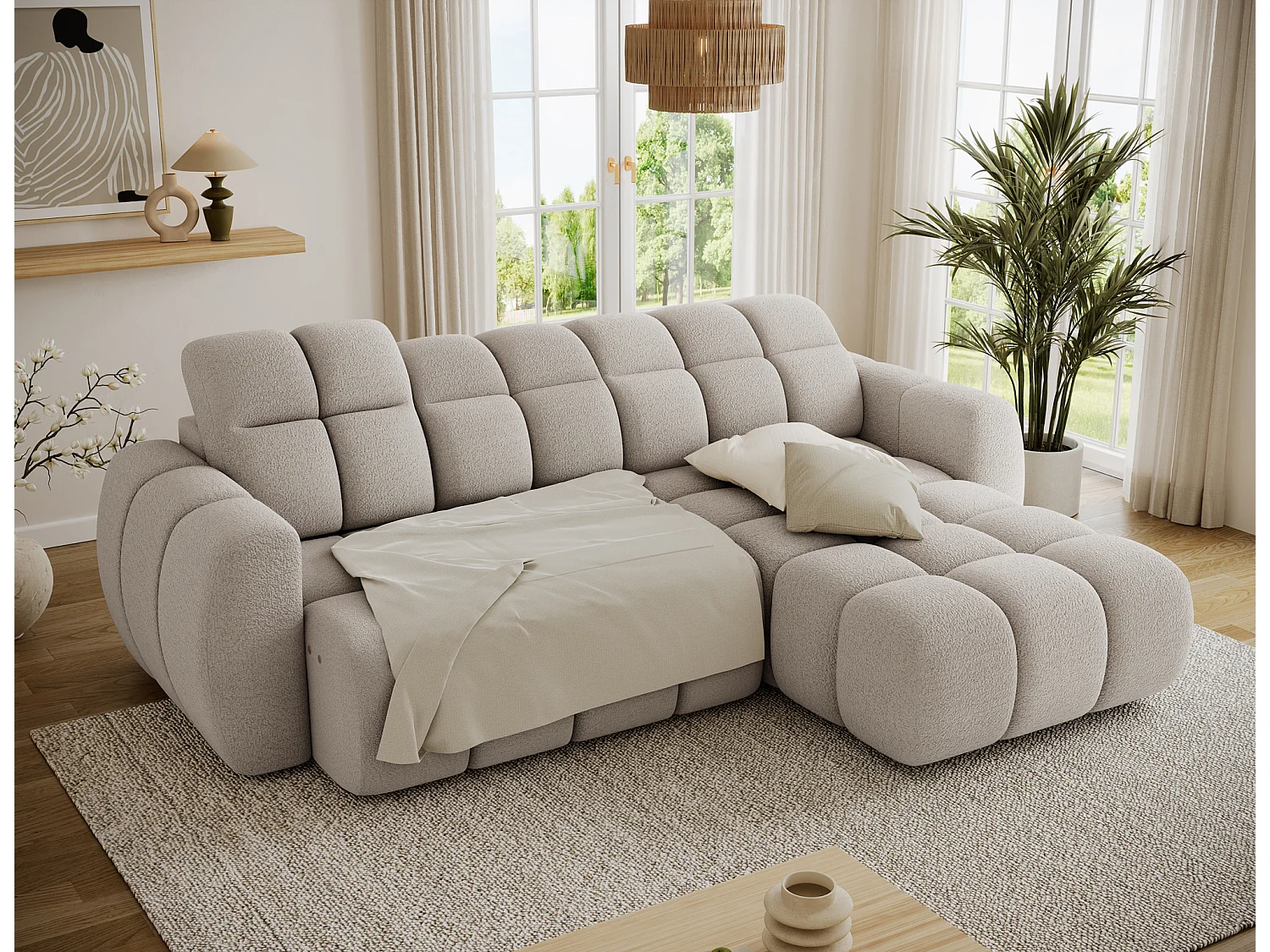 Canapé d’angle convertible 4 places tissu FENKA 288cm – Assise électrique & têtières réglables-Beige-angle droit