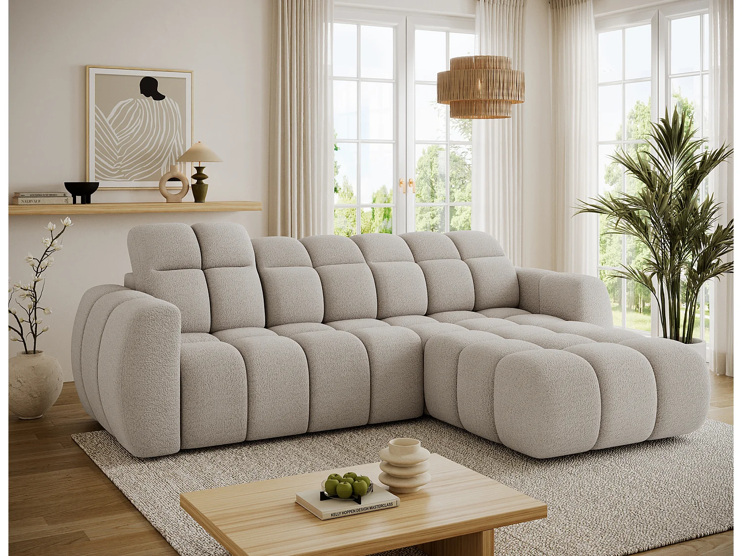 Canapé d’angle convertible 4 places tissu FENKA 288cm – Assise électrique & têtières réglables-Beige-angle droit