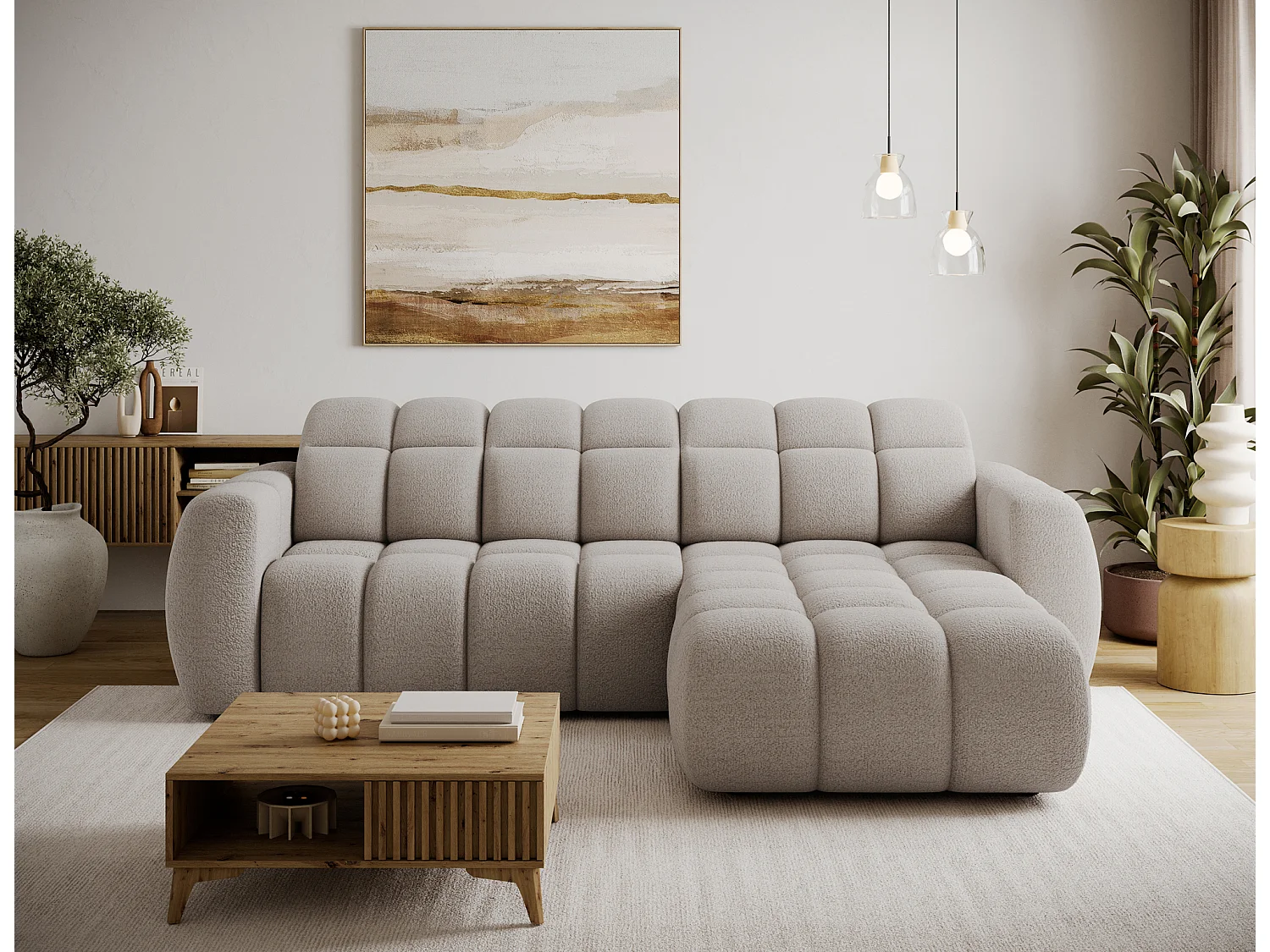 Canapé d’angle convertible 4 places tissu FENKA 288cm – Assise électrique & têtières réglables-Beige-angle droit