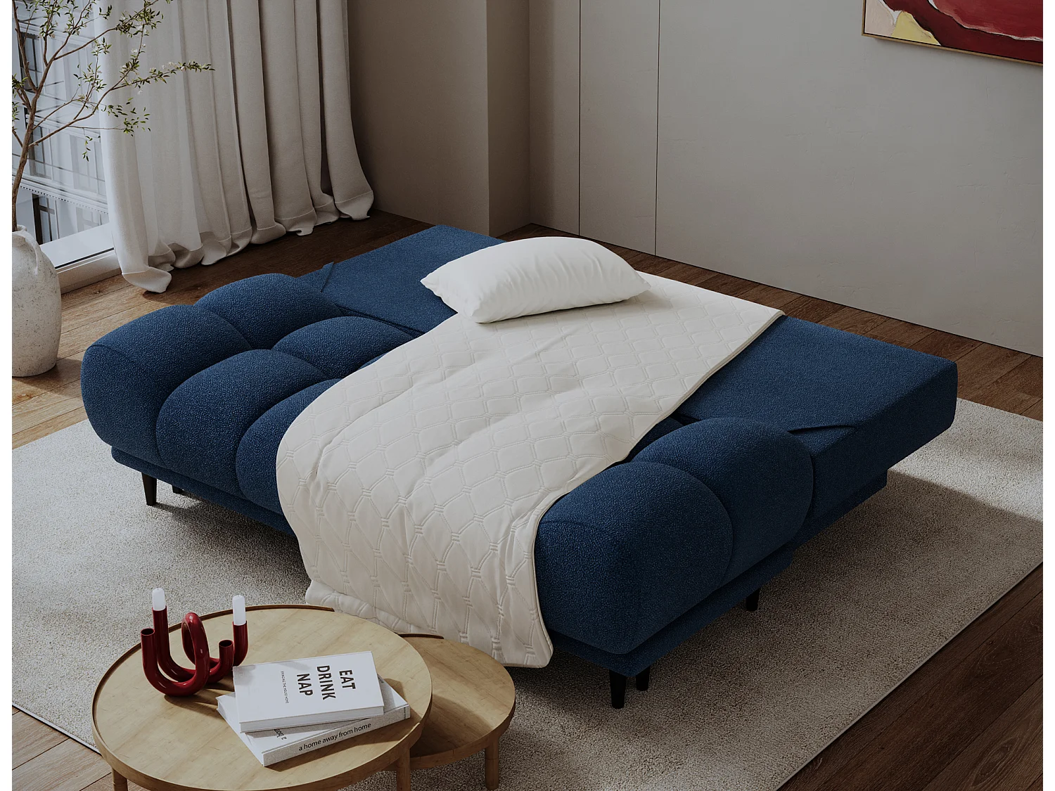 Canapé convertible 2 places NIVIO avec coffre et pieds en bois noir – 210cm-Bleu