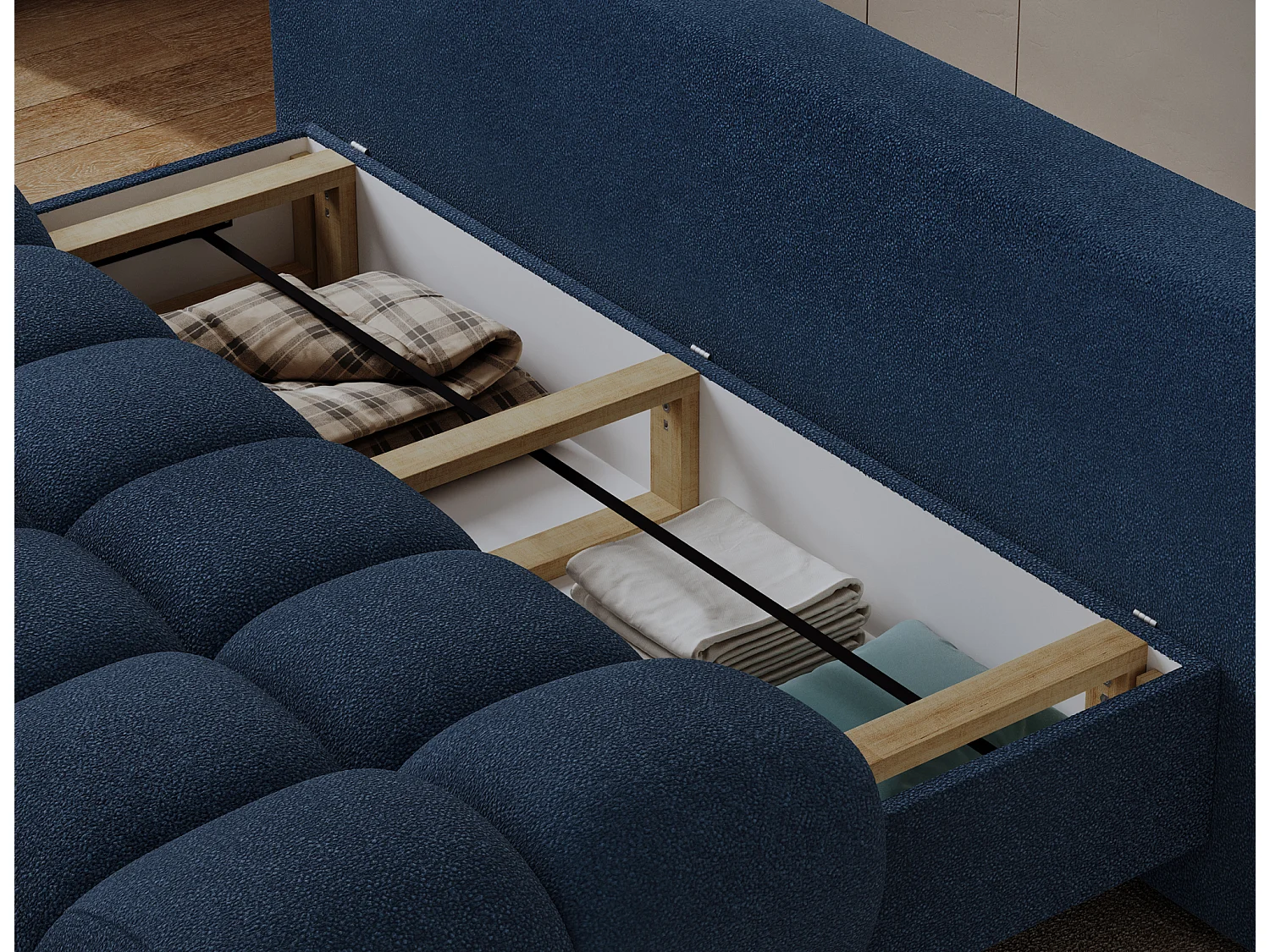 Canapé convertible 2 places NIVIO avec coffre et pieds en bois noir – 210cm-Bleu