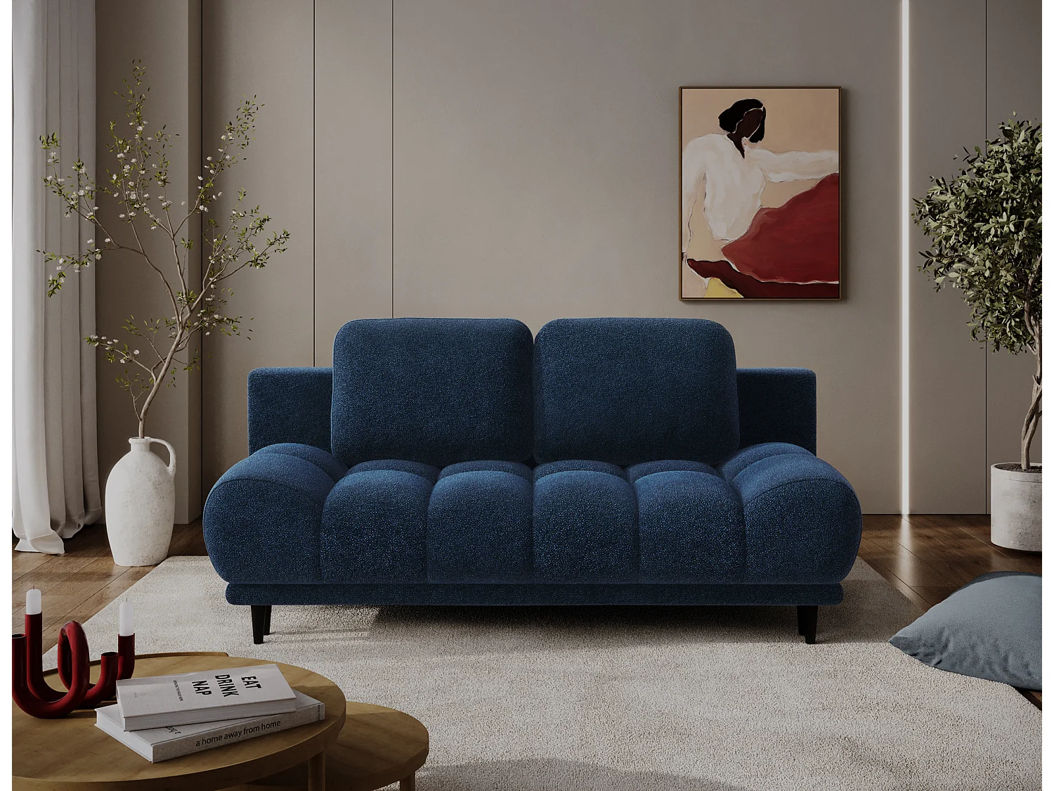 Canapé convertible 2 places NIVIO avec coffre et pieds en bois noir – 210cm-Bleu