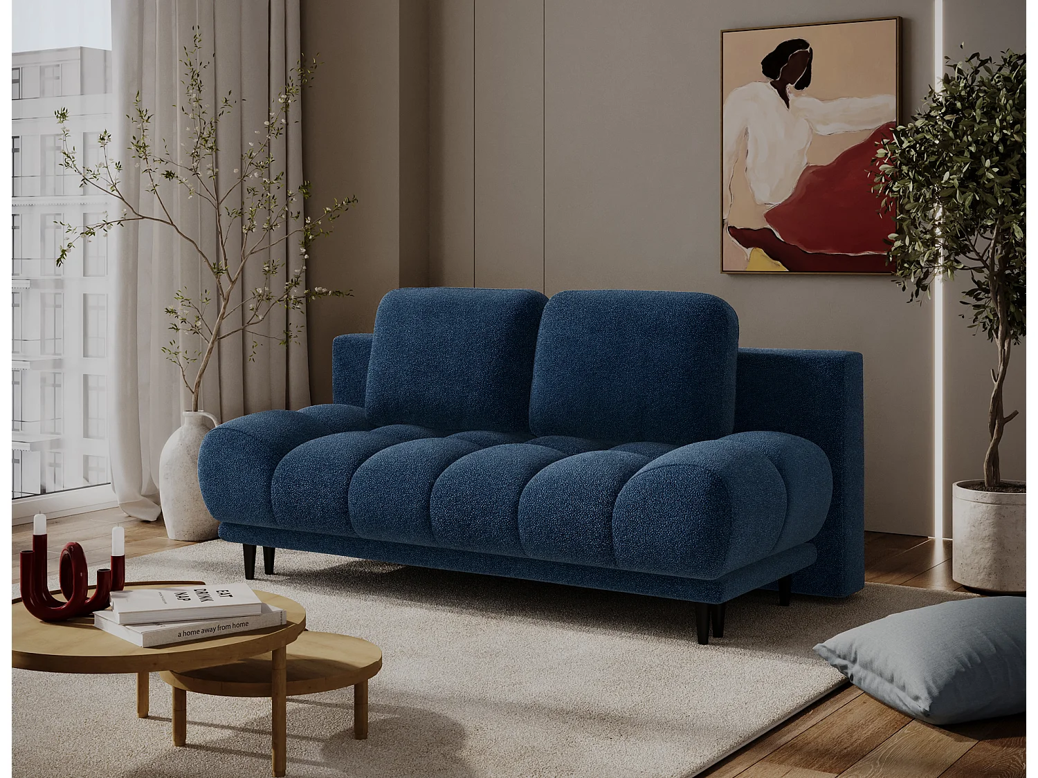 Canapé convertible 2 places NIVIO avec coffre et pieds en bois noir – 210cm-Bleu