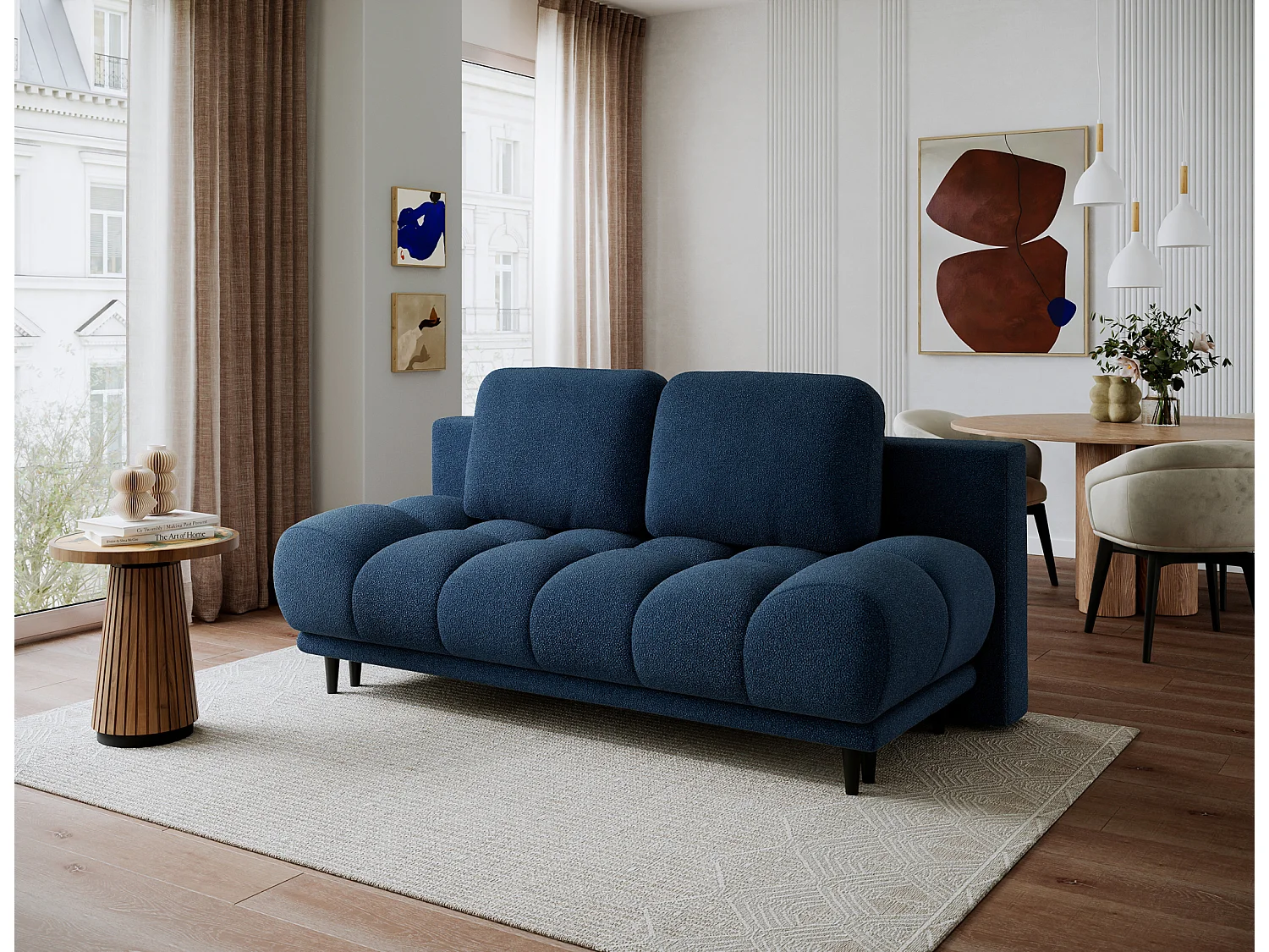 Canapé convertible 2 places NIVIO avec coffre et pieds en bois noir – 210cm-Bleu