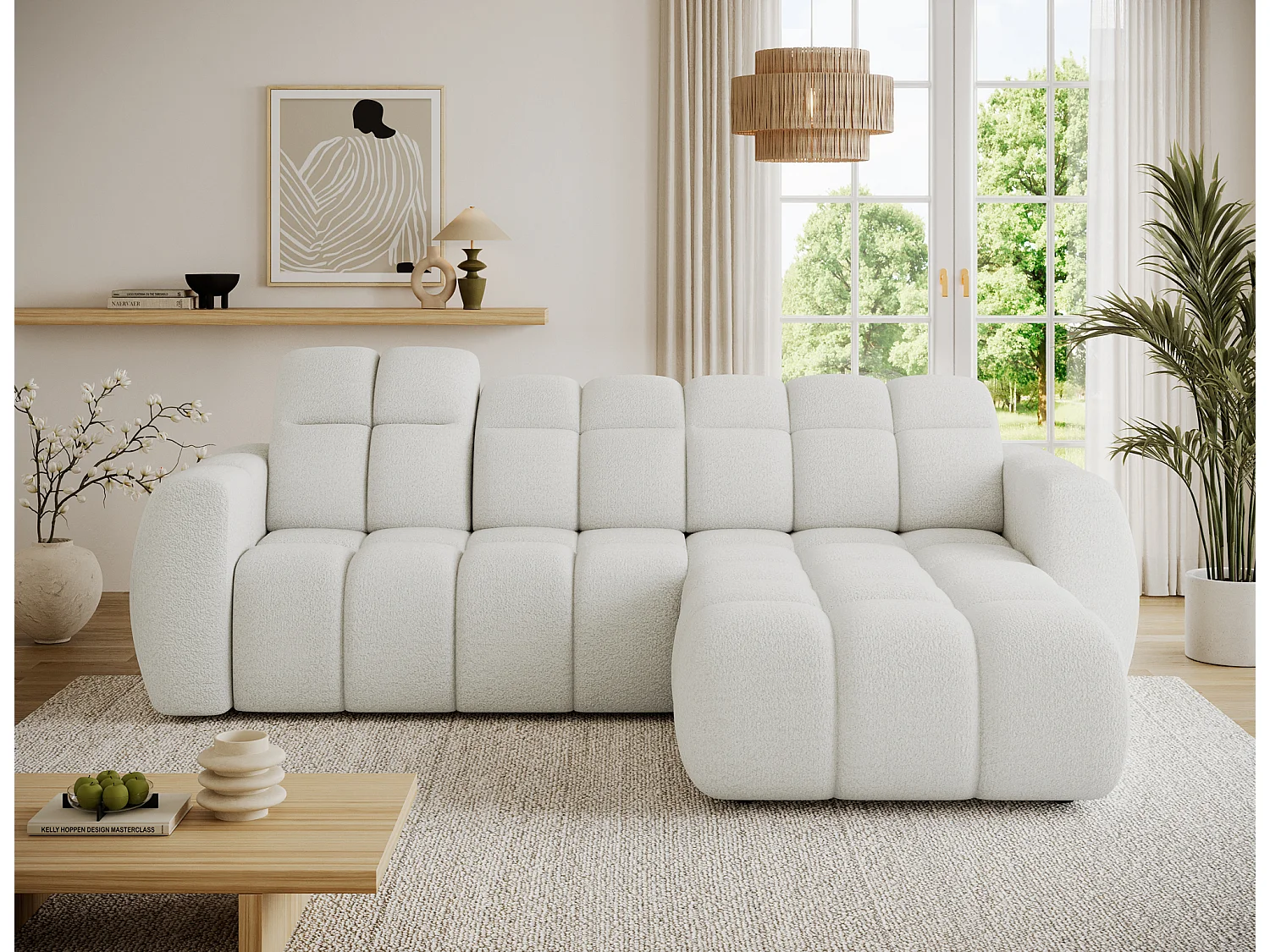 Canapé d’angle convertible 4 places tissu FENKA 288cm – Assise électrique & têtières réglables-Blanc-angle droit