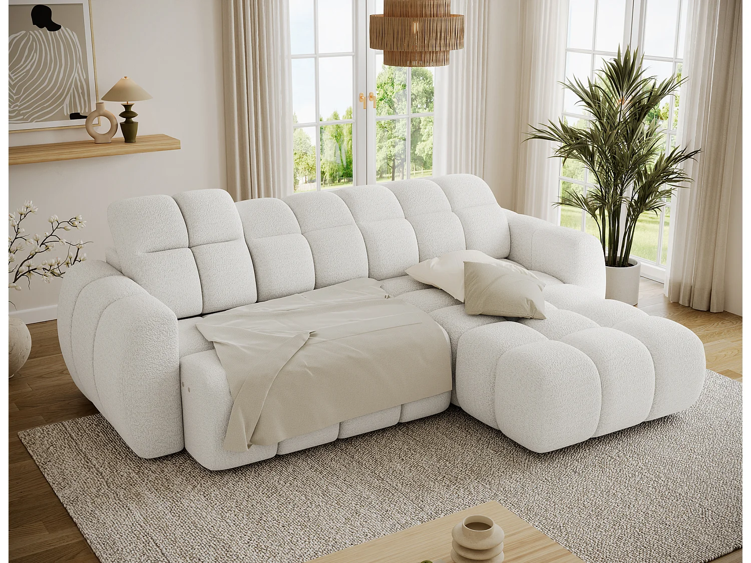 Canapé d’angle convertible 4 places tissu FENKA 288cm – Assise électrique & têtières réglables-Blanc-angle droit