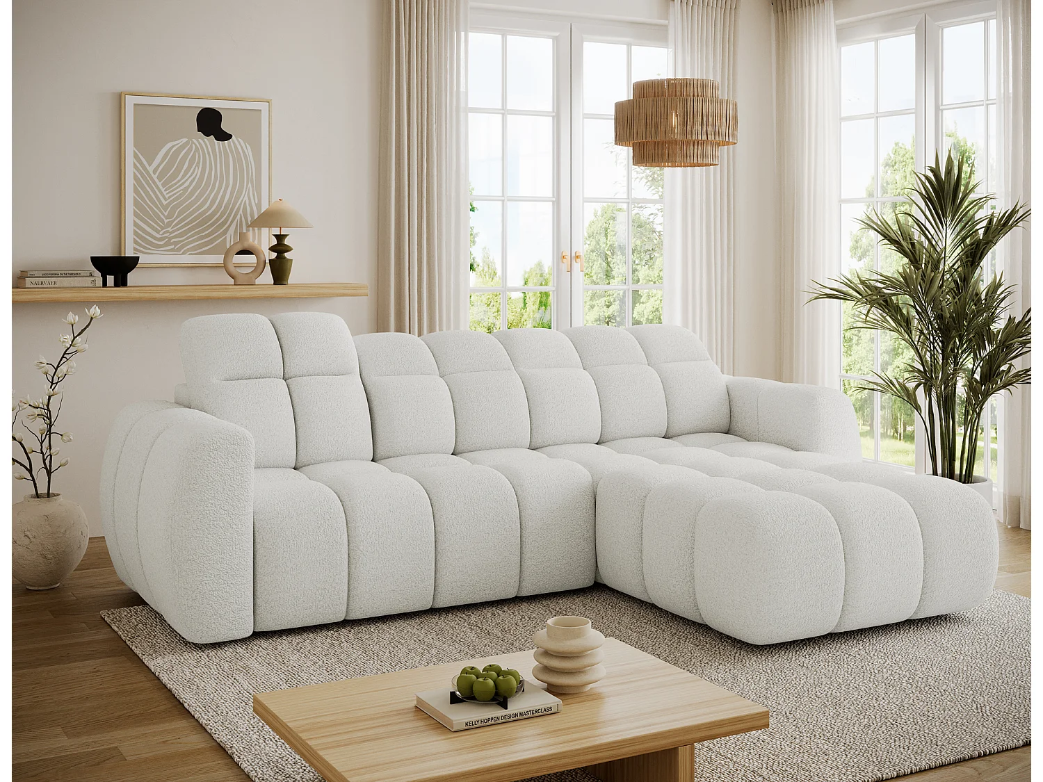 Canapé d’angle convertible 4 places tissu FENKA 288cm – Assise électrique & têtières réglables-Blanc-angle droit