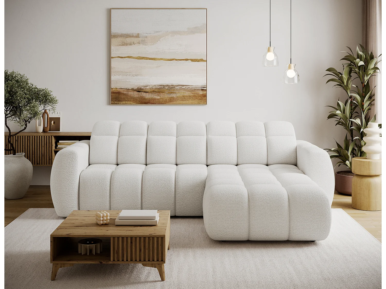 Canapé d’angle convertible 4 places tissu FENKA 288cm – Assise électrique & têtières réglables-Blanc-angle droit