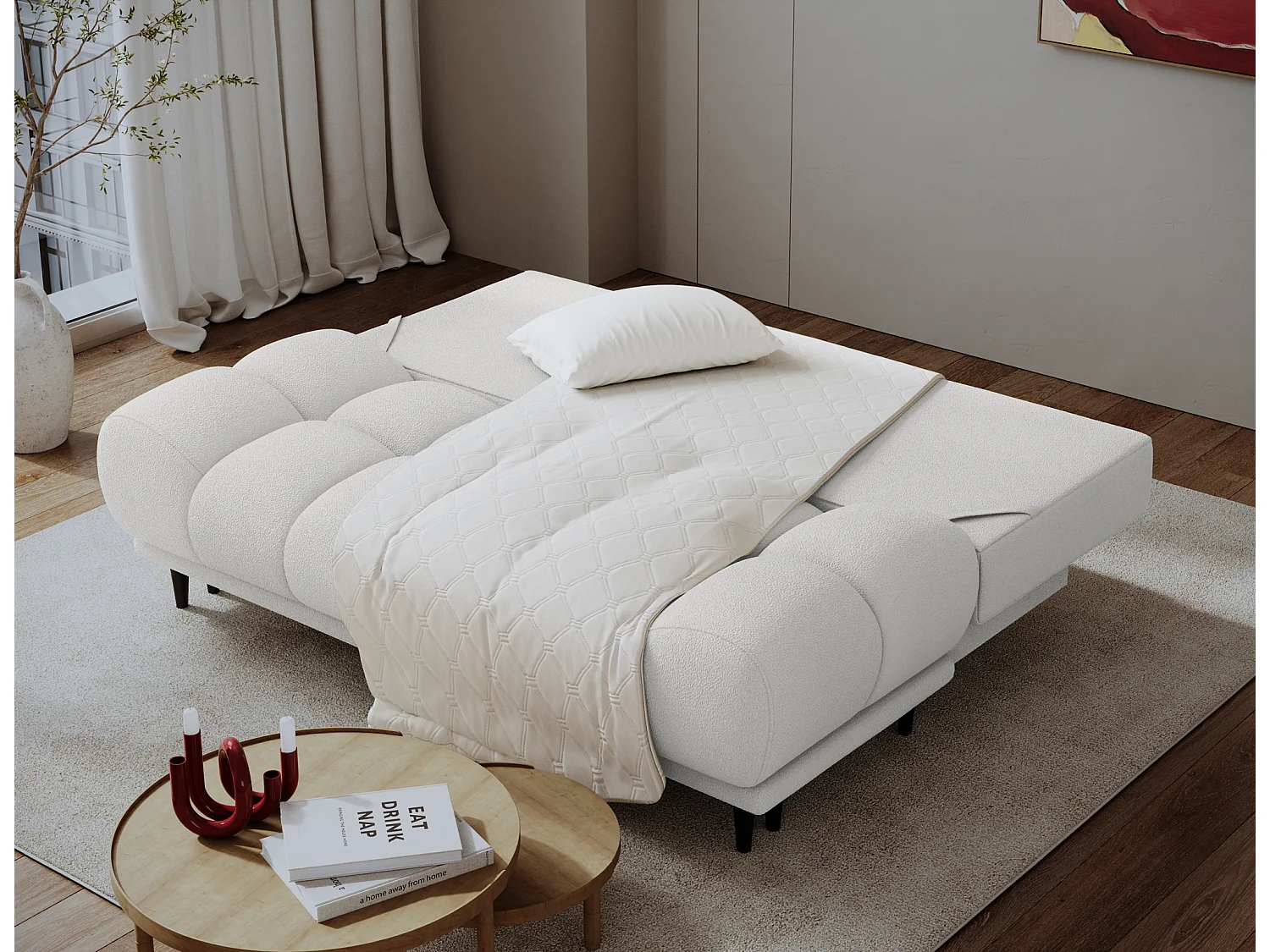 Canapé convertible 2 places NIVIO avec coffre et pieds en bois noir – 210cm-Blanc