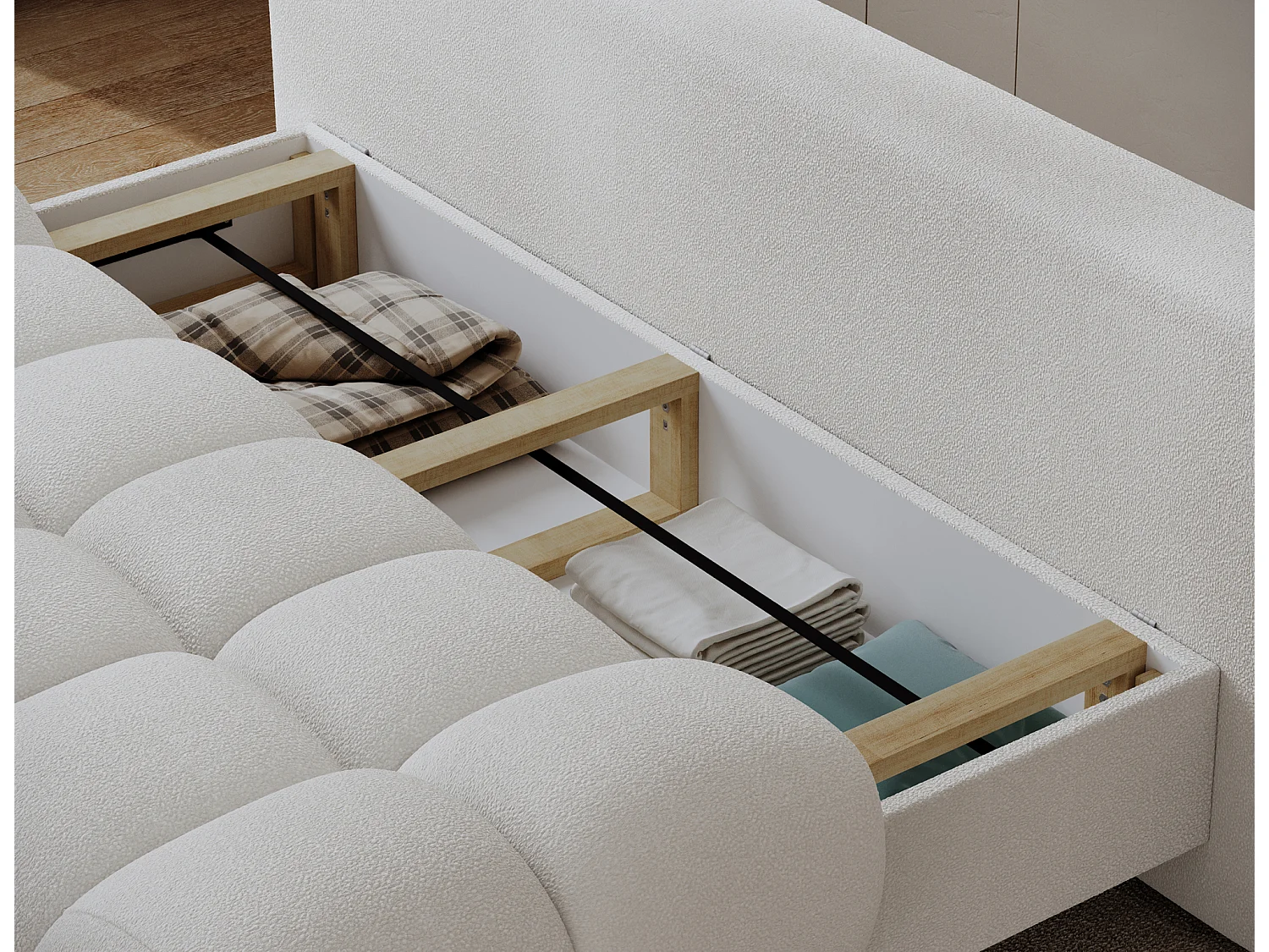 Canapé convertible 2 places NIVIO avec coffre et pieds en bois noir – 210cm-Blanc