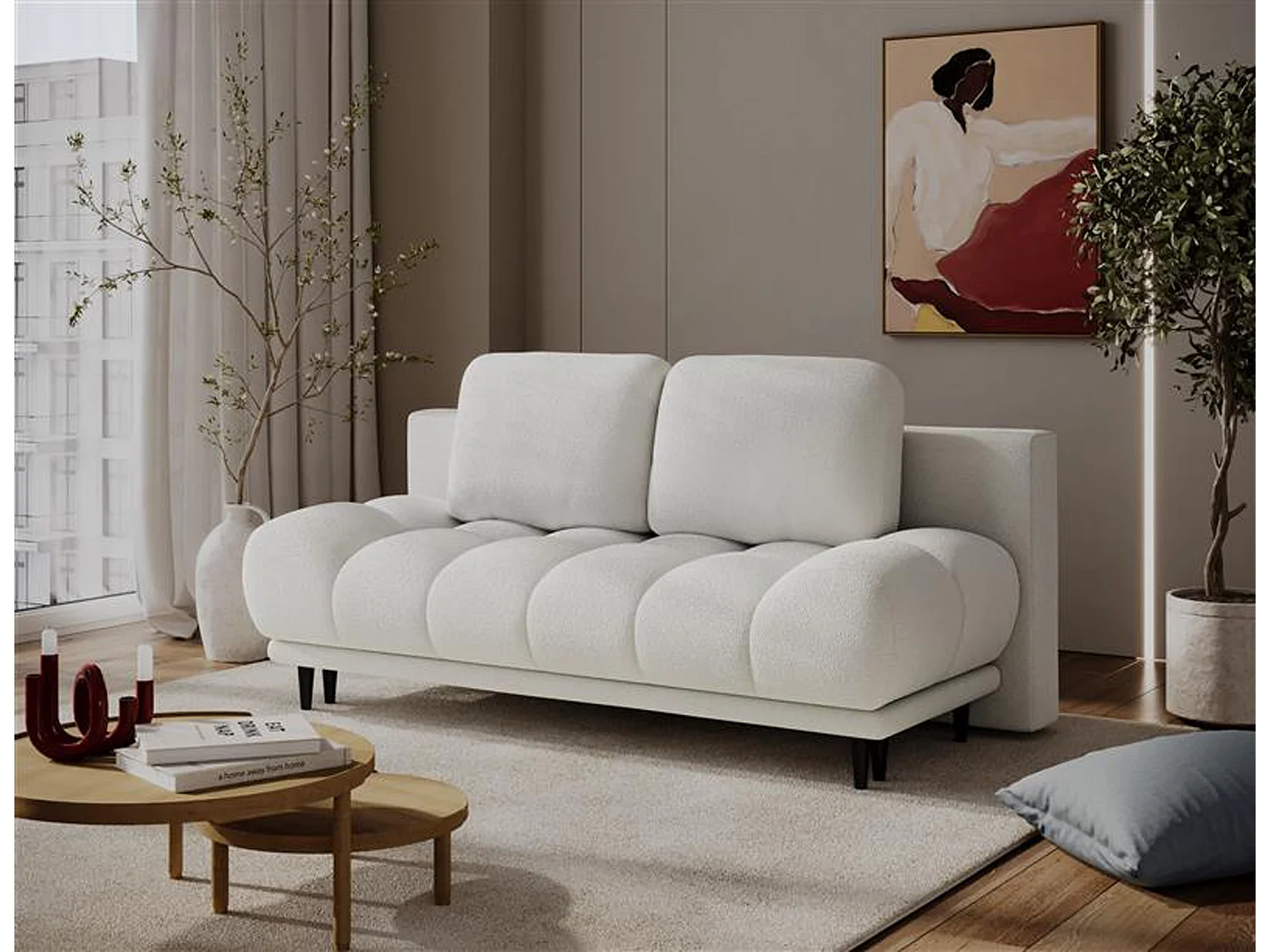 Canapé convertible 2 places NIVIO avec coffre et pieds en bois noir – 210cm-Blanc