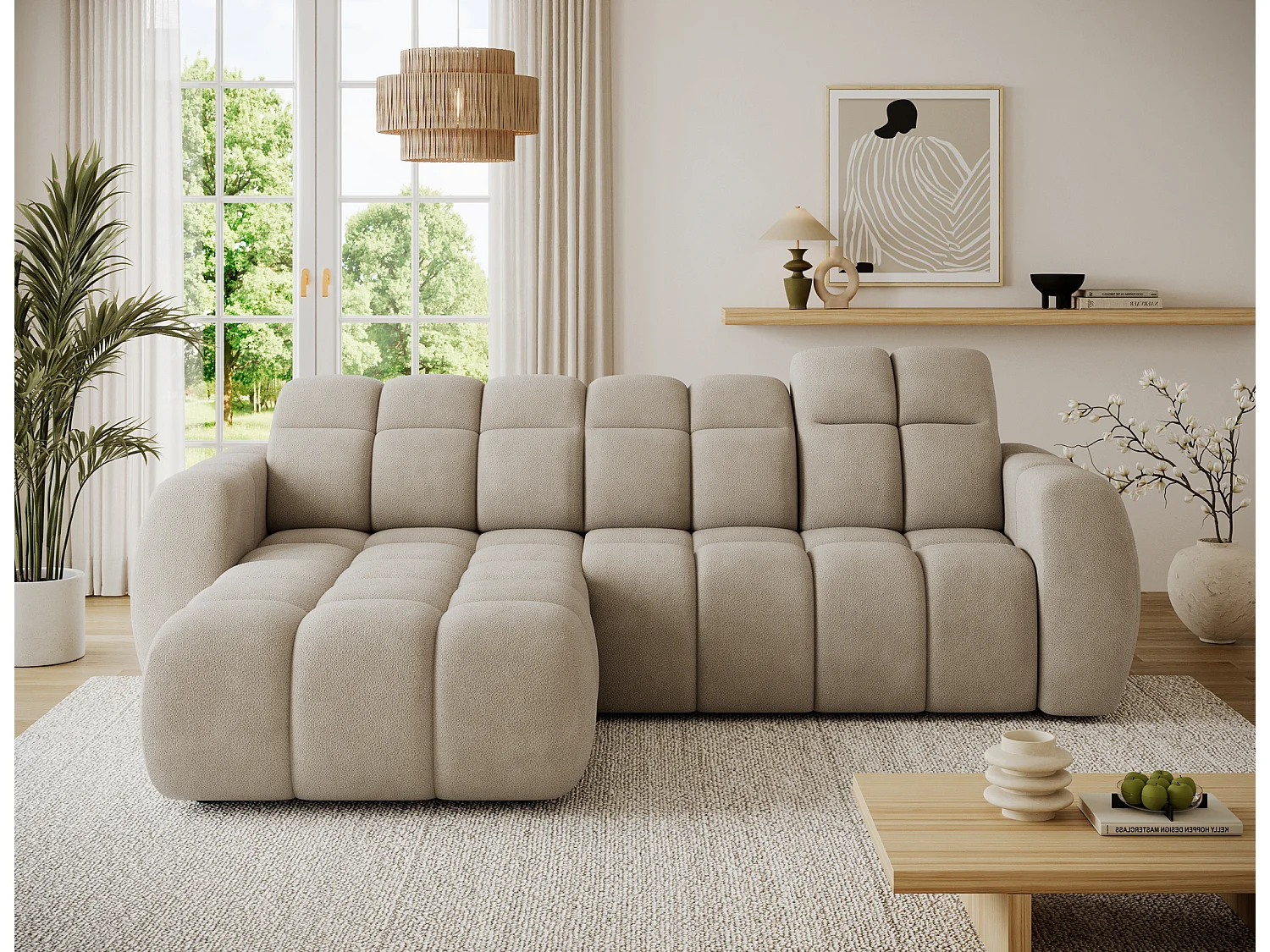 Canapé d’angle convertible 4 places tissu FENKA 288cm – Assise électrique & têtières réglables-Taupe-angle gauche