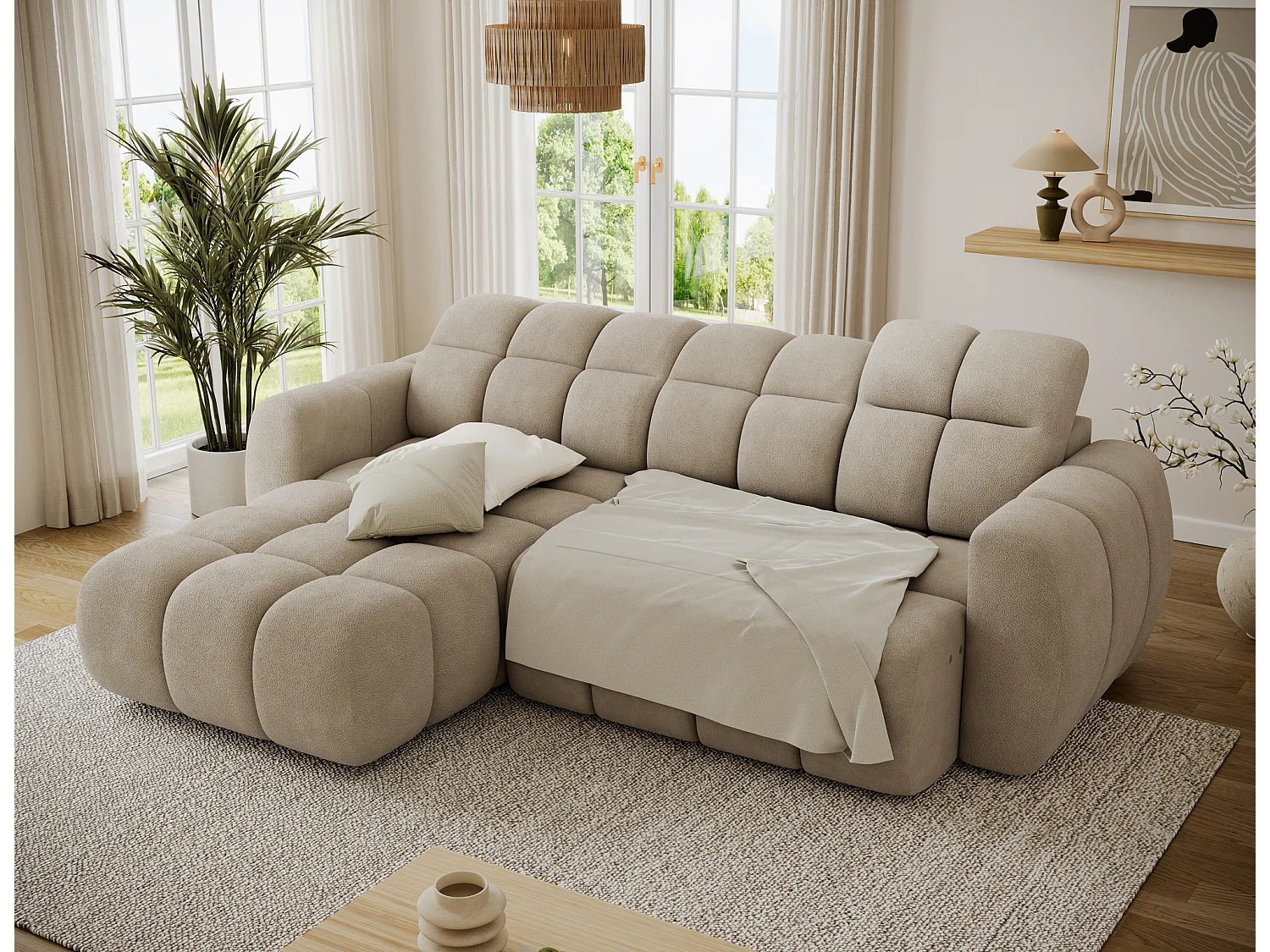 Canapé d’angle convertible 4 places tissu FENKA 288cm – Assise électrique & têtières réglables-Taupe-angle gauche