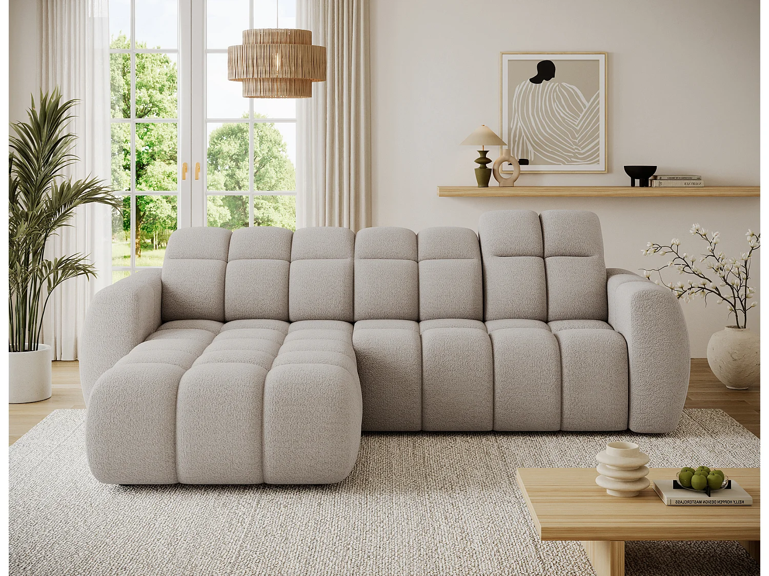 Canapé d’angle convertible 4 places tissu FENKA 288cm – Assise électrique & têtières réglables-Beige-angle gauche