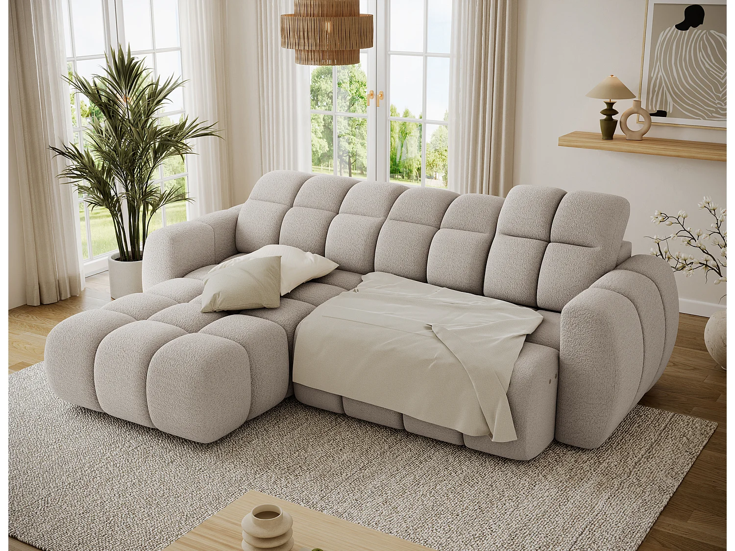 Canapé d’angle convertible 4 places tissu FENKA 288cm – Assise électrique & têtières réglables-Beige-angle gauche