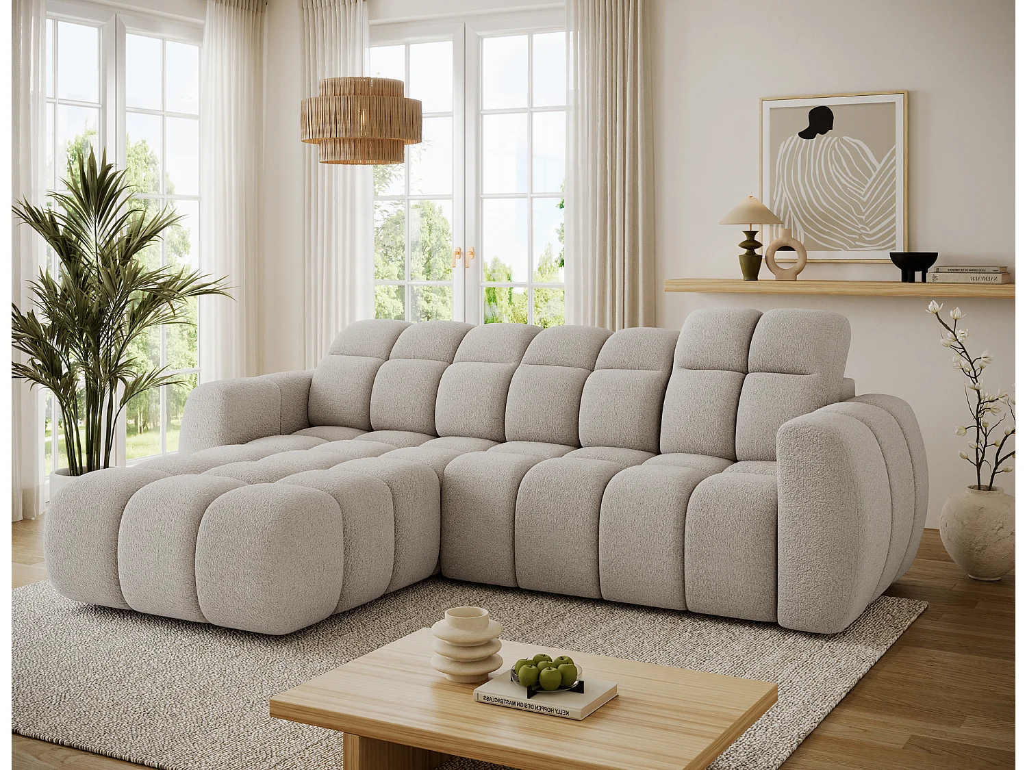 Canapé d’angle convertible 4 places tissu FENKA 288cm – Assise électrique & têtières réglables-Beige-angle gauche