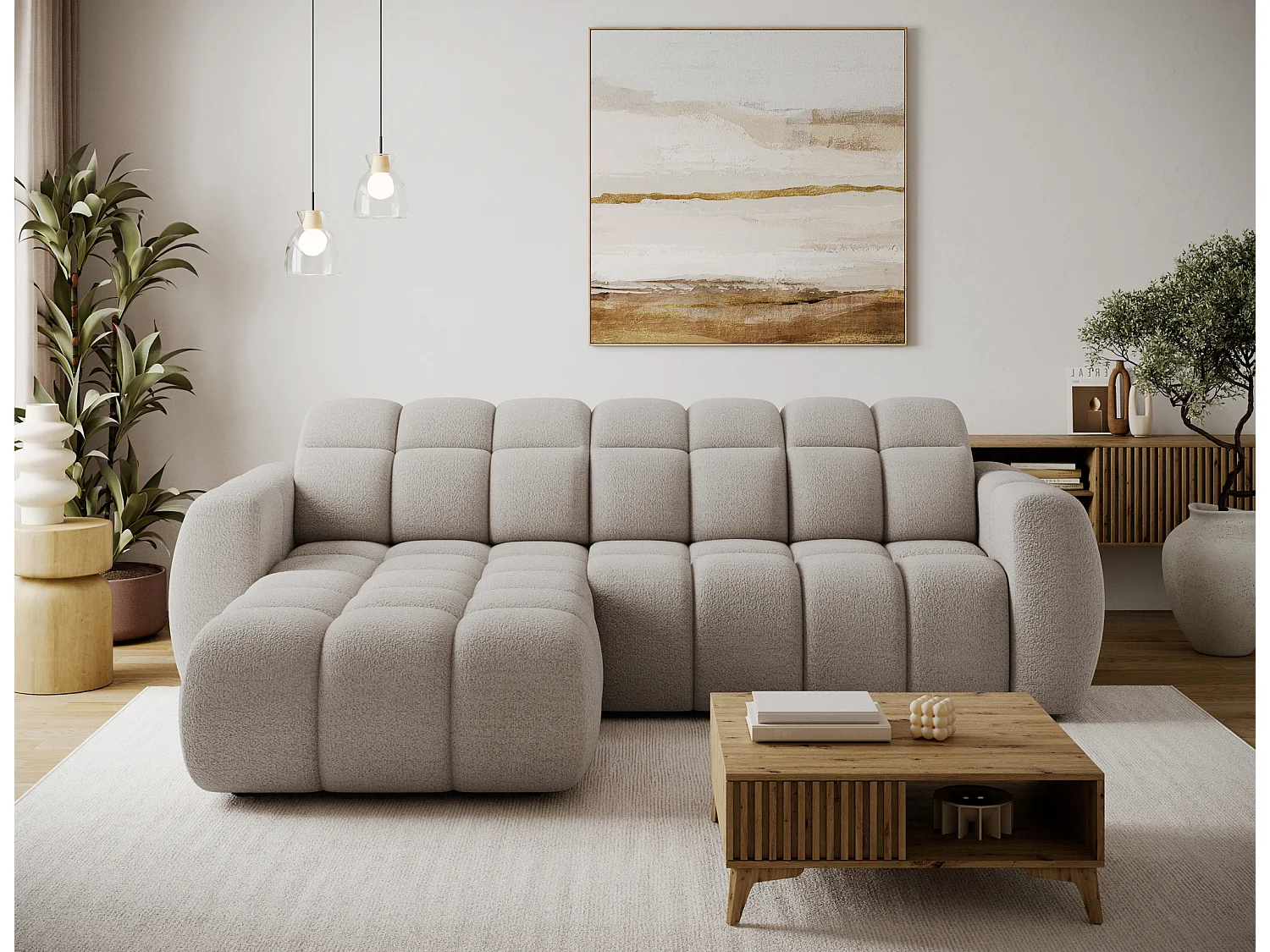 Canapé d’angle convertible 4 places tissu FENKA 288cm – Assise électrique & têtières réglables-Beige-angle gauche