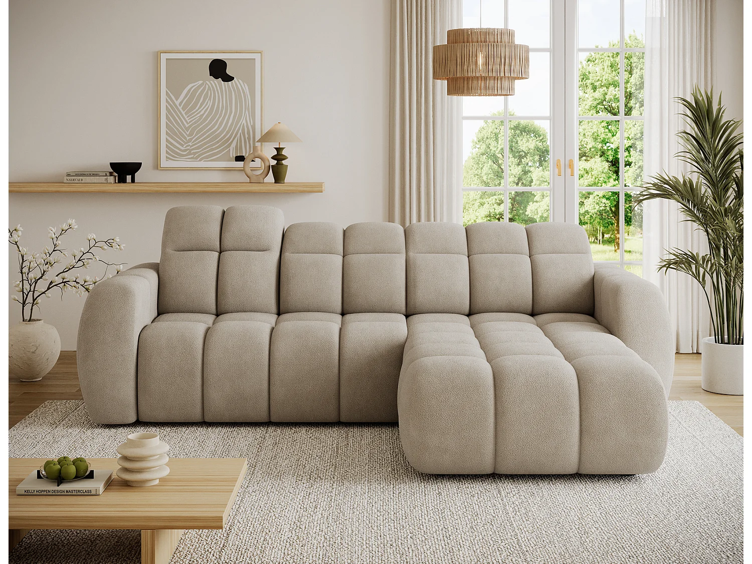 Canapé d’angle convertible 4 places tissu FENKA 288cm – Assise électrique & têtières réglables-Taupe-angle droit