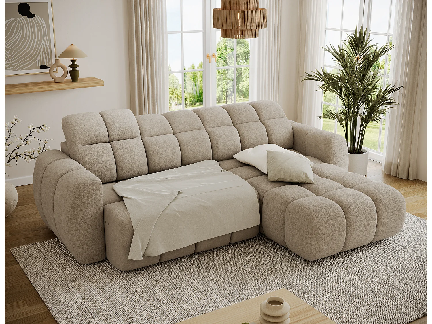 Canapé d’angle convertible 4 places tissu FENKA 288cm – Assise électrique & têtières réglables-Taupe-angle droit