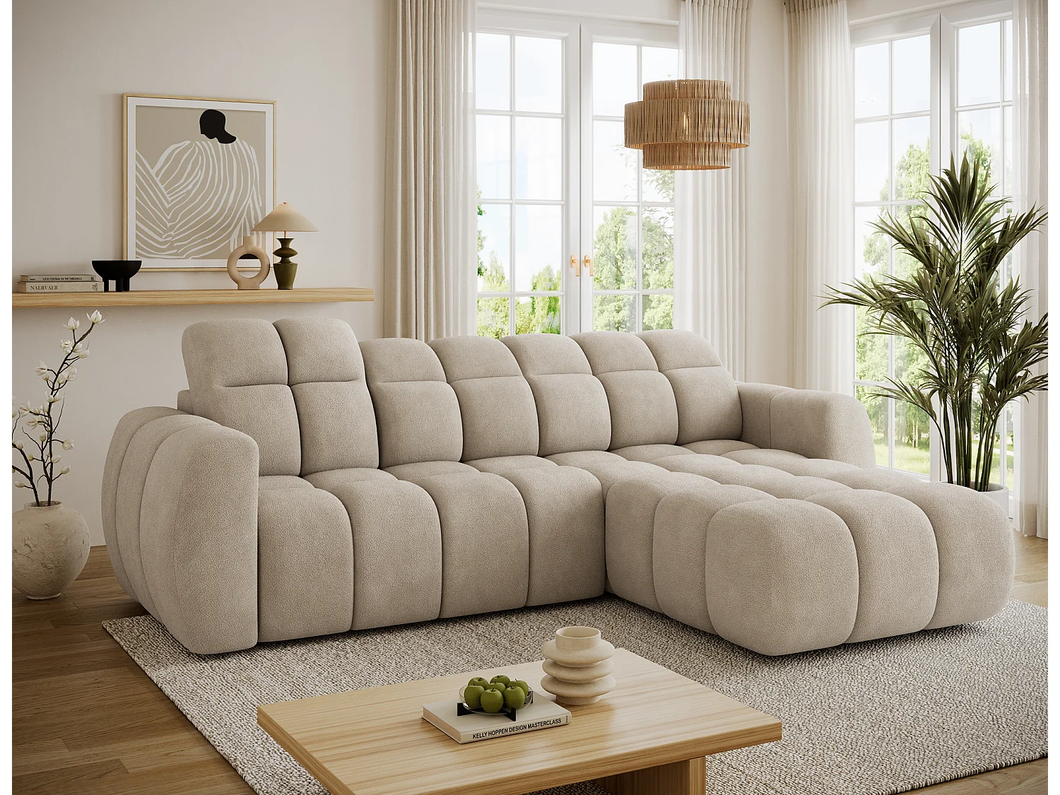 Canapé d’angle convertible 4 places tissu FENKA 288cm – Assise électrique & têtières réglables-Taupe-angle droit