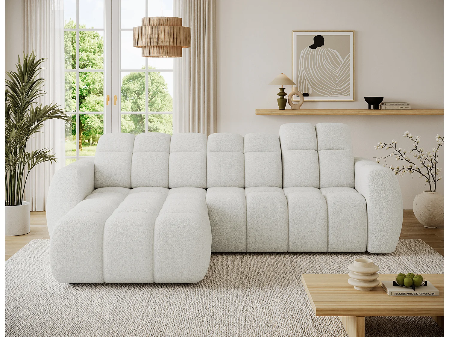 Canapé d’angle convertible 4 places tissu FENKA 288cm – Assise électrique & têtières réglables-Blanc-angle gauche