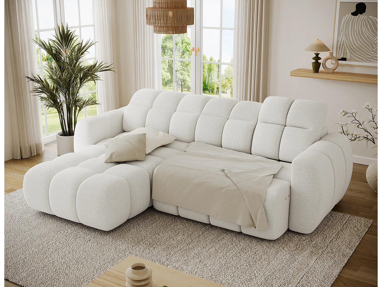 Canapé d’angle convertible 4 places tissu FENKA 288cm – Assise électrique & têtières réglables-Blanc-angle gauche