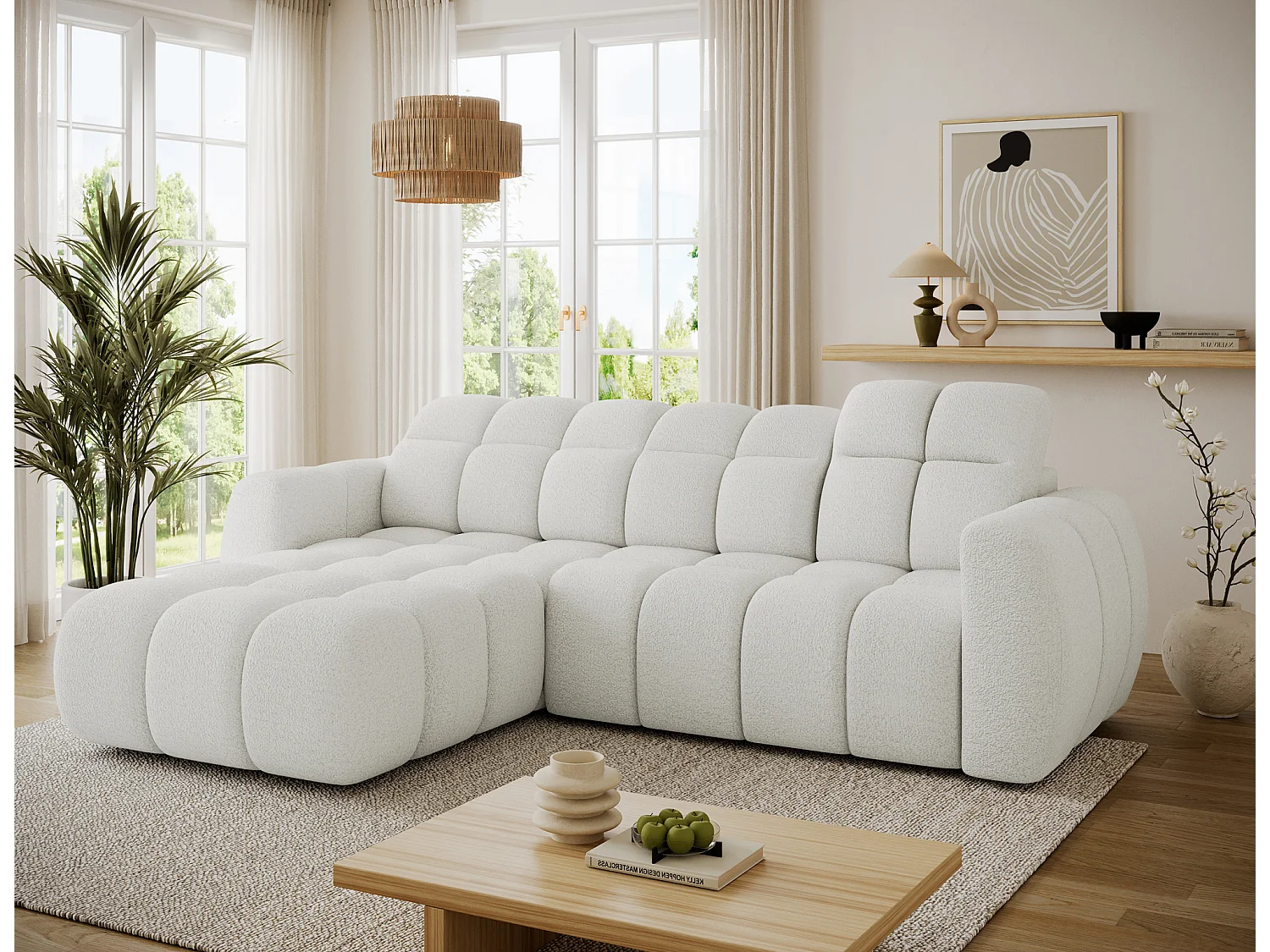 Canapé d’angle convertible 4 places tissu FENKA 288cm – Assise électrique & têtières réglables-Blanc-angle gauche