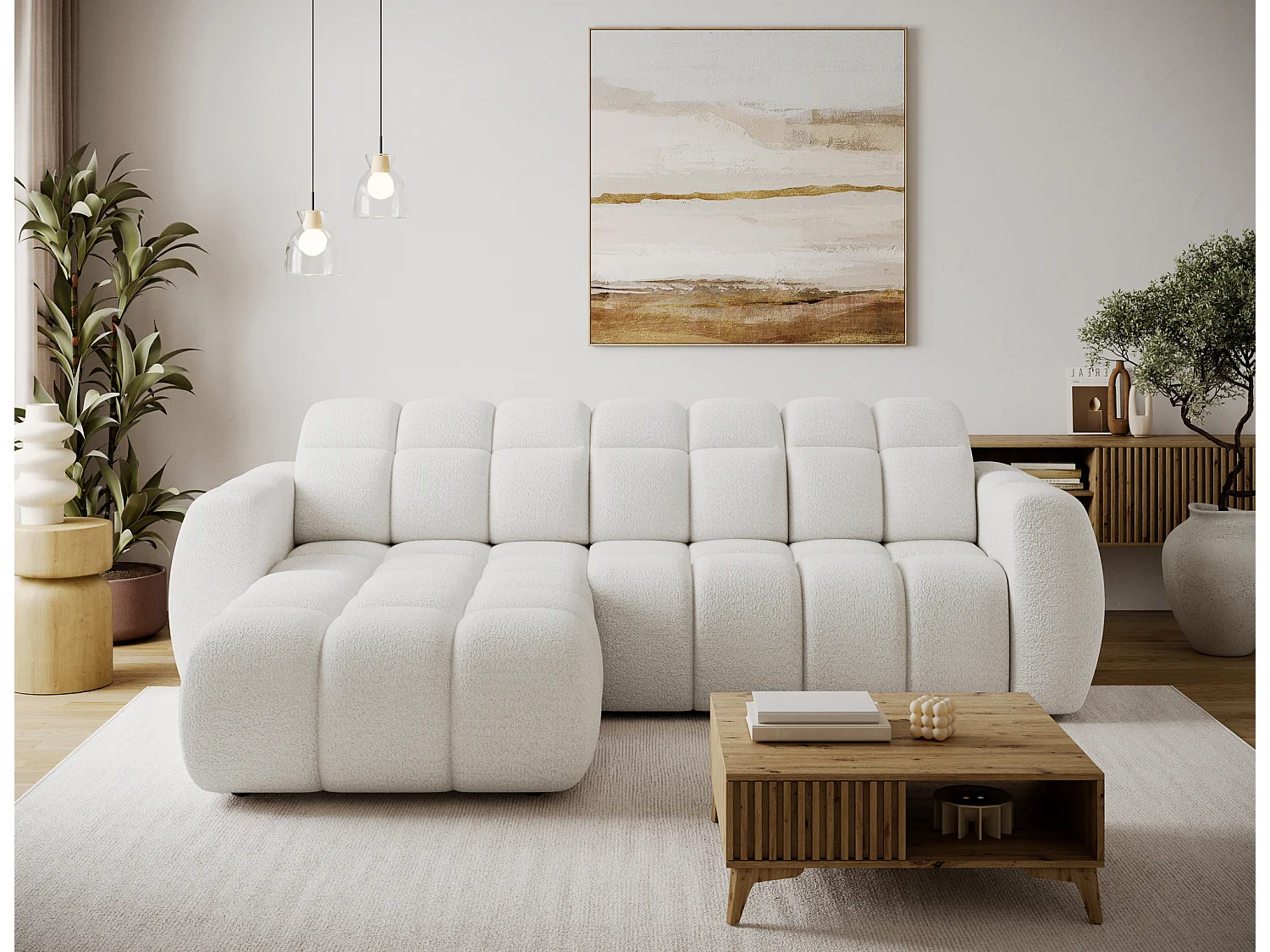 Canapé d’angle convertible 4 places tissu FENKA 288cm – Assise électrique & têtières réglables-Blanc-angle gauche