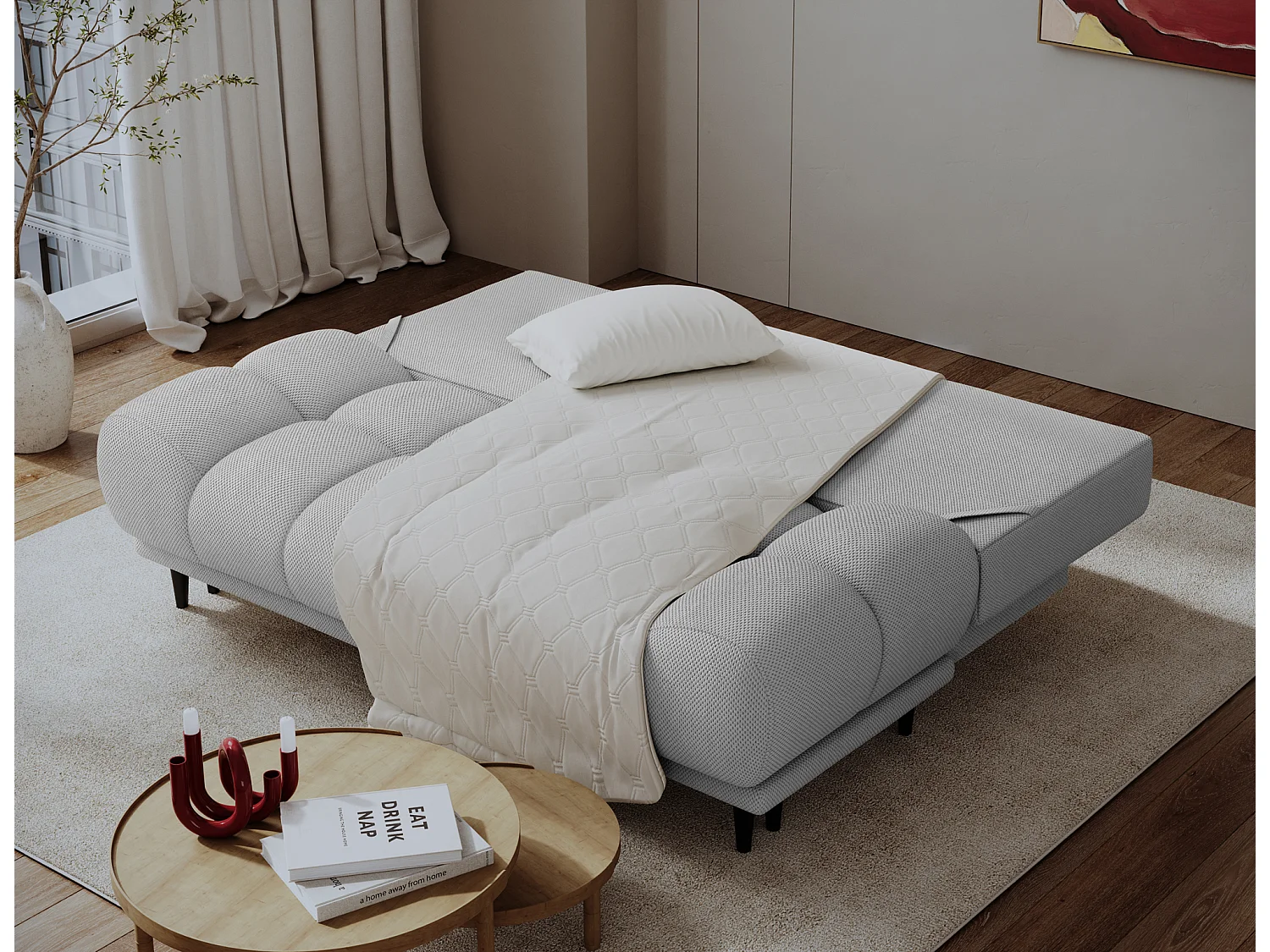 Canapé convertible 2 places NIVIO avec coffre et pieds en bois noir – 210cm-Gris clair